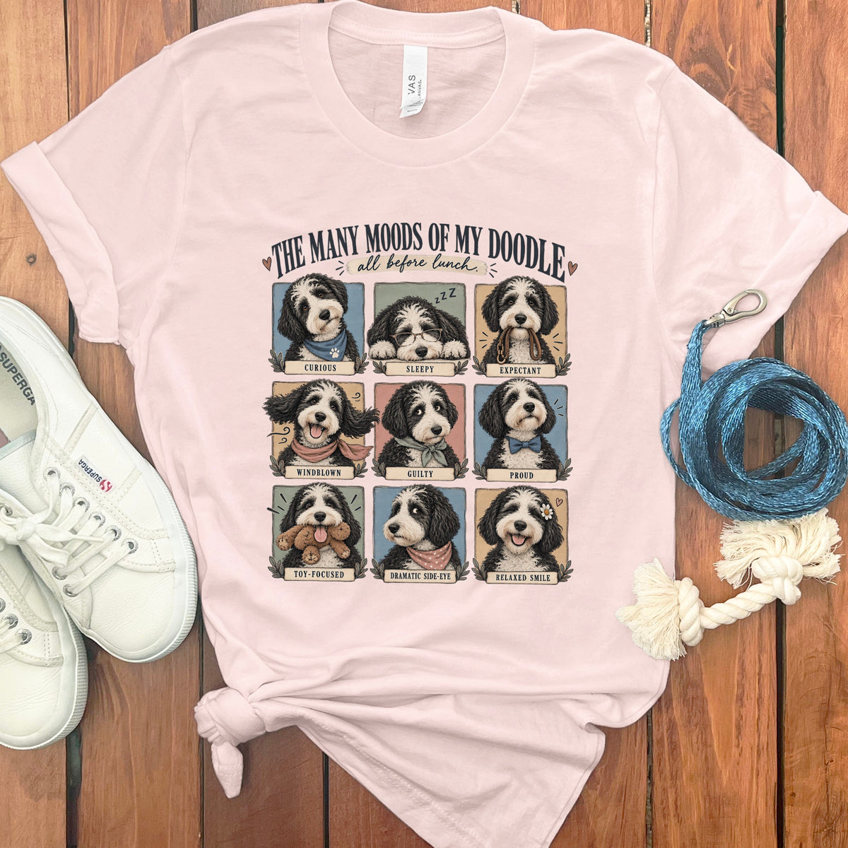 "The Many Moods of My Doodle" t-shirt design with nine doodle illustrations and descriptive text.