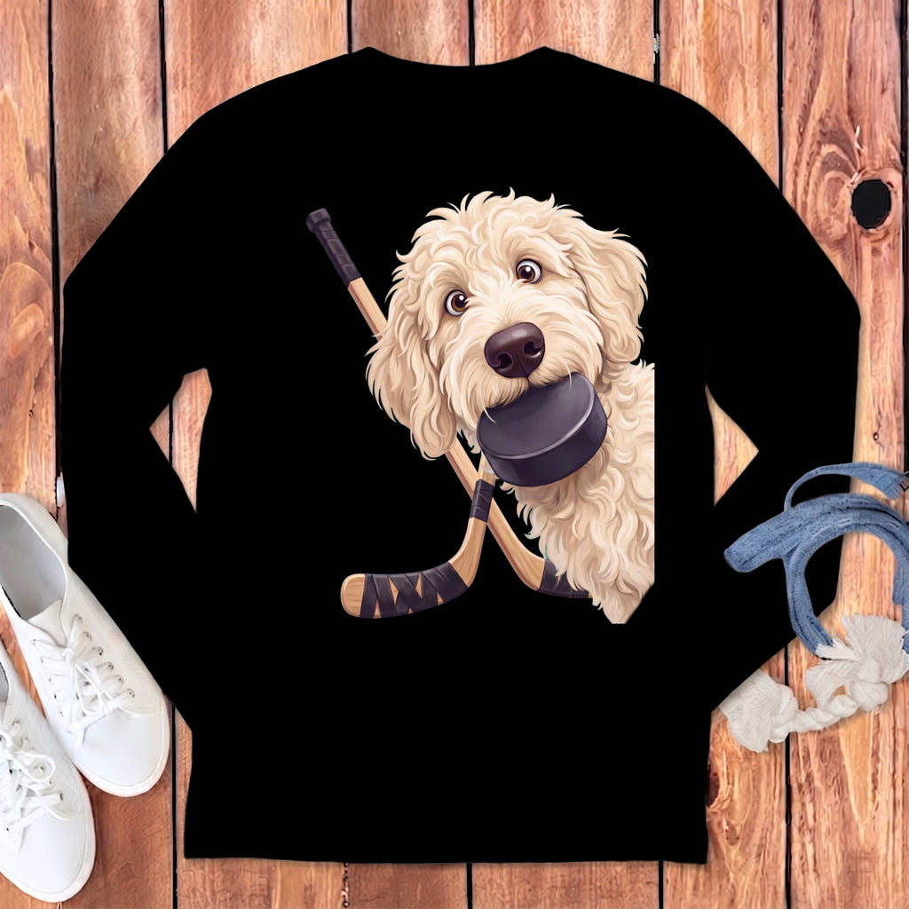 Cream Goldendoodle Hockey Long Sleeve T-Shirt in Black / S by Puppy Jo