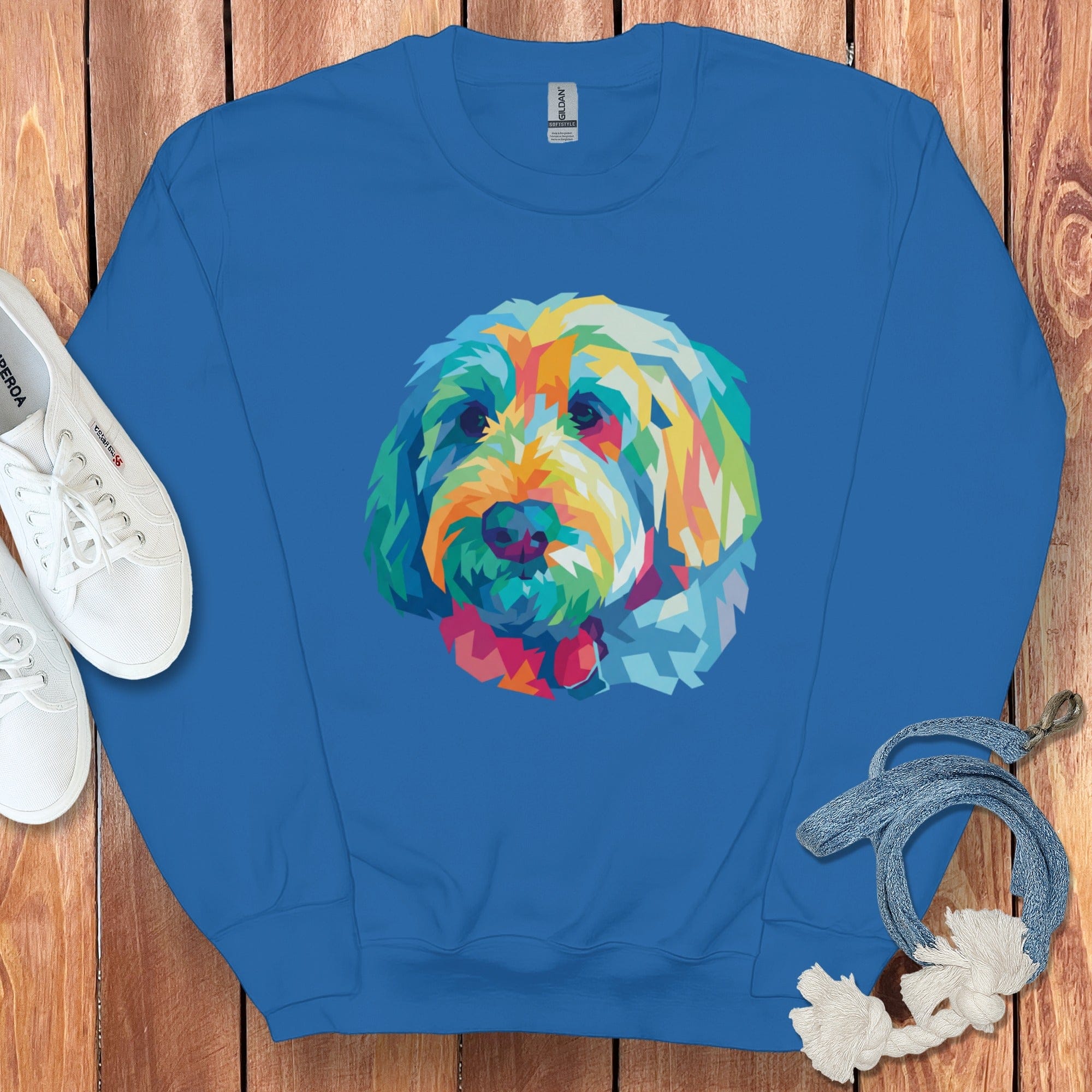 Colorful Dog Print on Bright Blue Sweatshirt