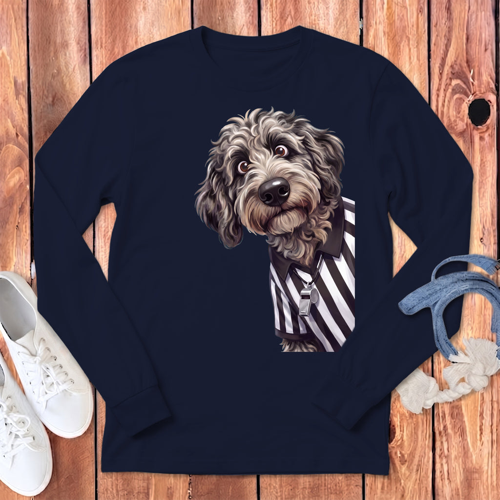 Long sleeve navy shirt with a cartoon dog wearing a referee uniform and whistle.