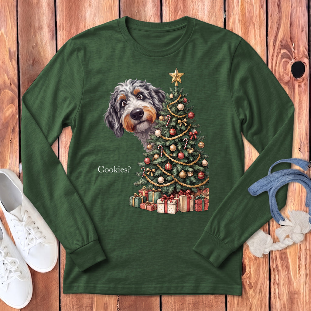 Long-sleeve green shirt with a dog, Christmas tree, and "Cookies?" text.