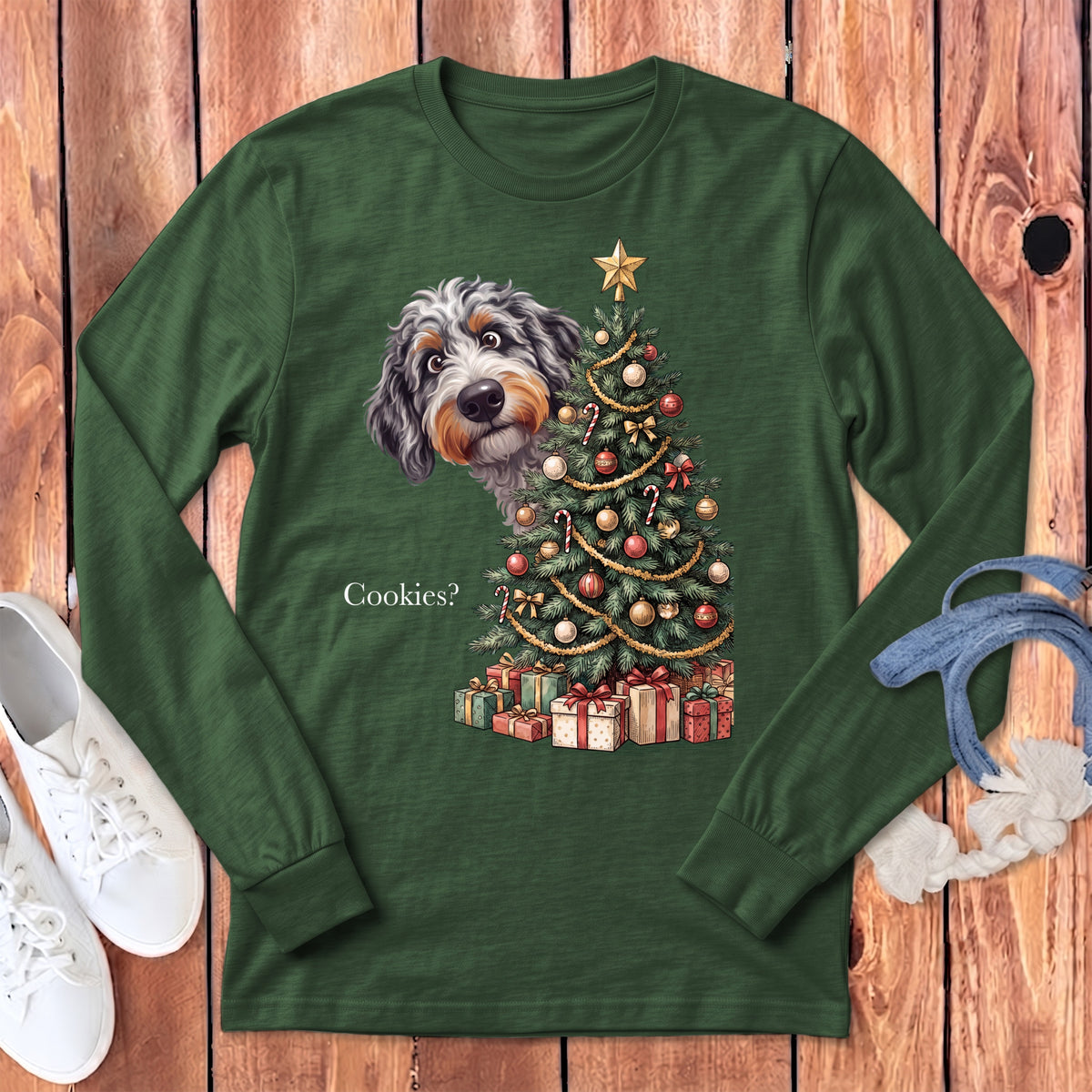 Long-sleeve green shirt with a dog, Christmas tree, and "Cookies?" text.