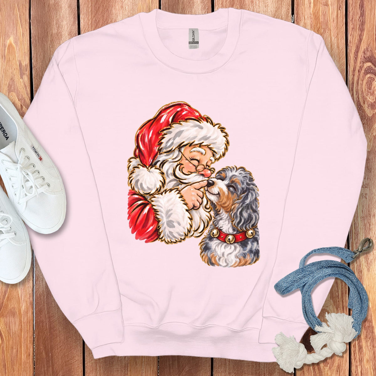 Aussiedoodle Santa Kiss Sweatshirt in Light Pink / S by Puppy Jo