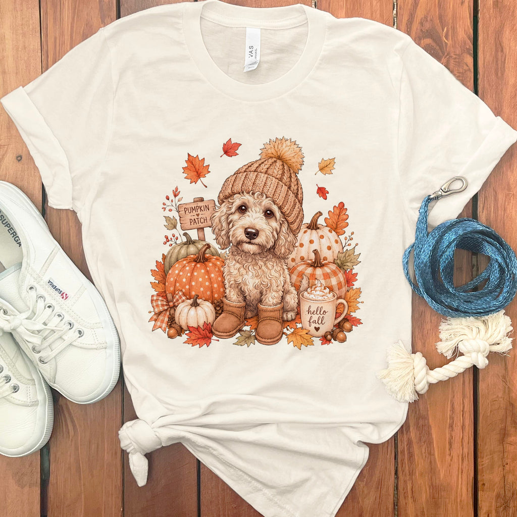 Cream Goldendoodle Pumpkin Patch T-Shirt in Natural / S by Puppy Jo