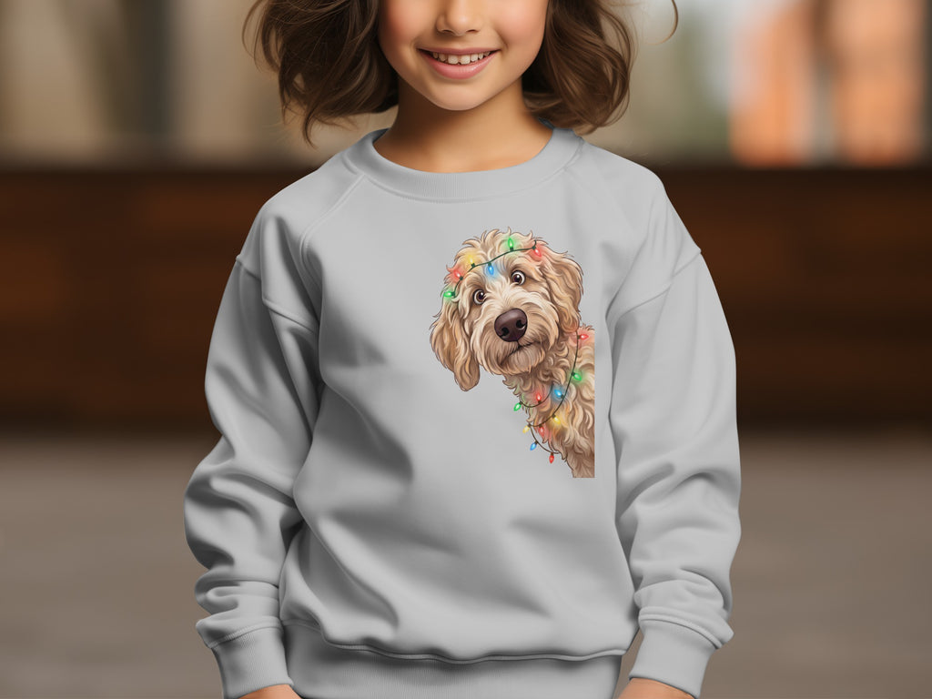 Light gray sweatshirt with a fluffy dog wearing Christmas lights on the front.
