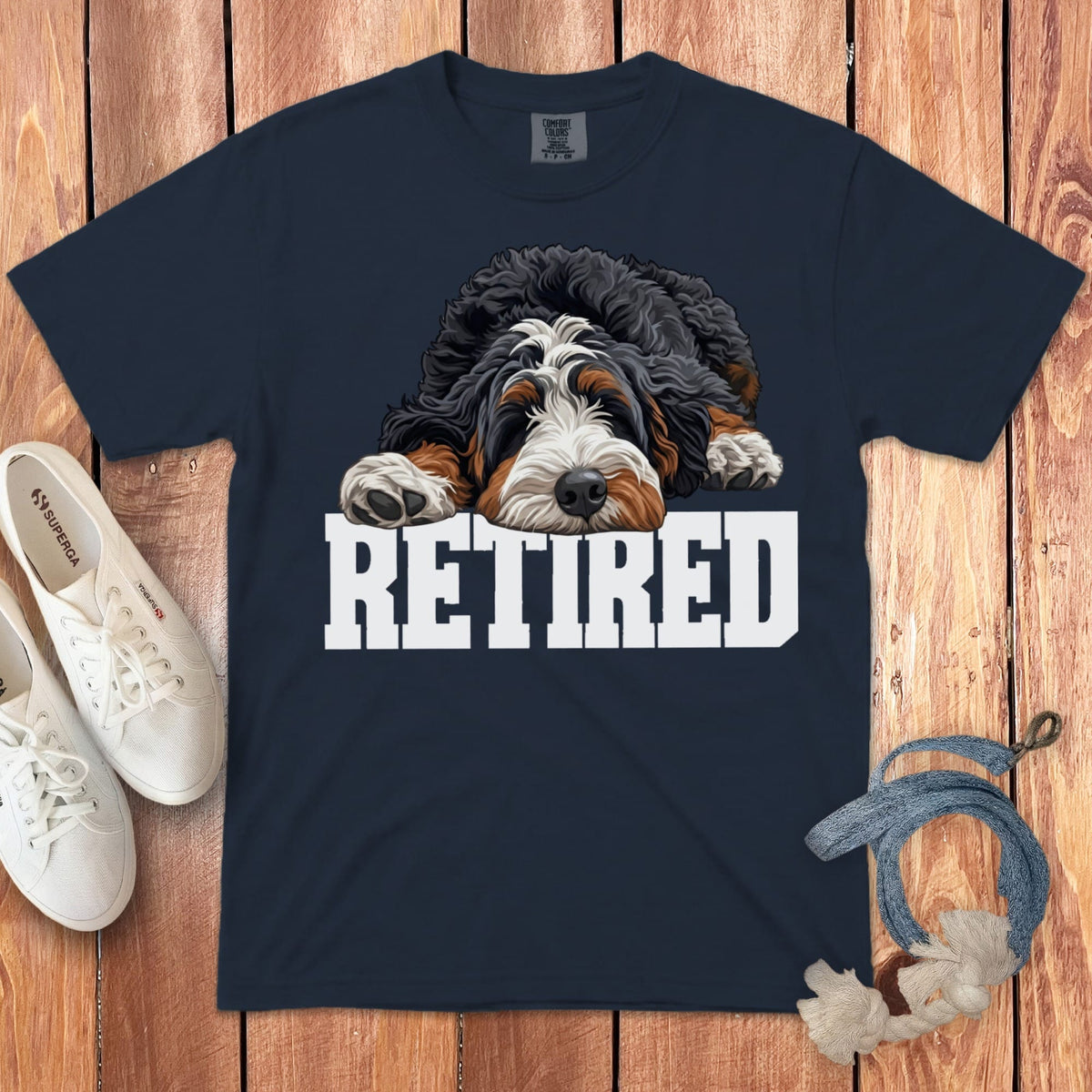 Retired Sleeping Bernedoodle Signature T-Shirt in Navy / S by Puppy Jo
