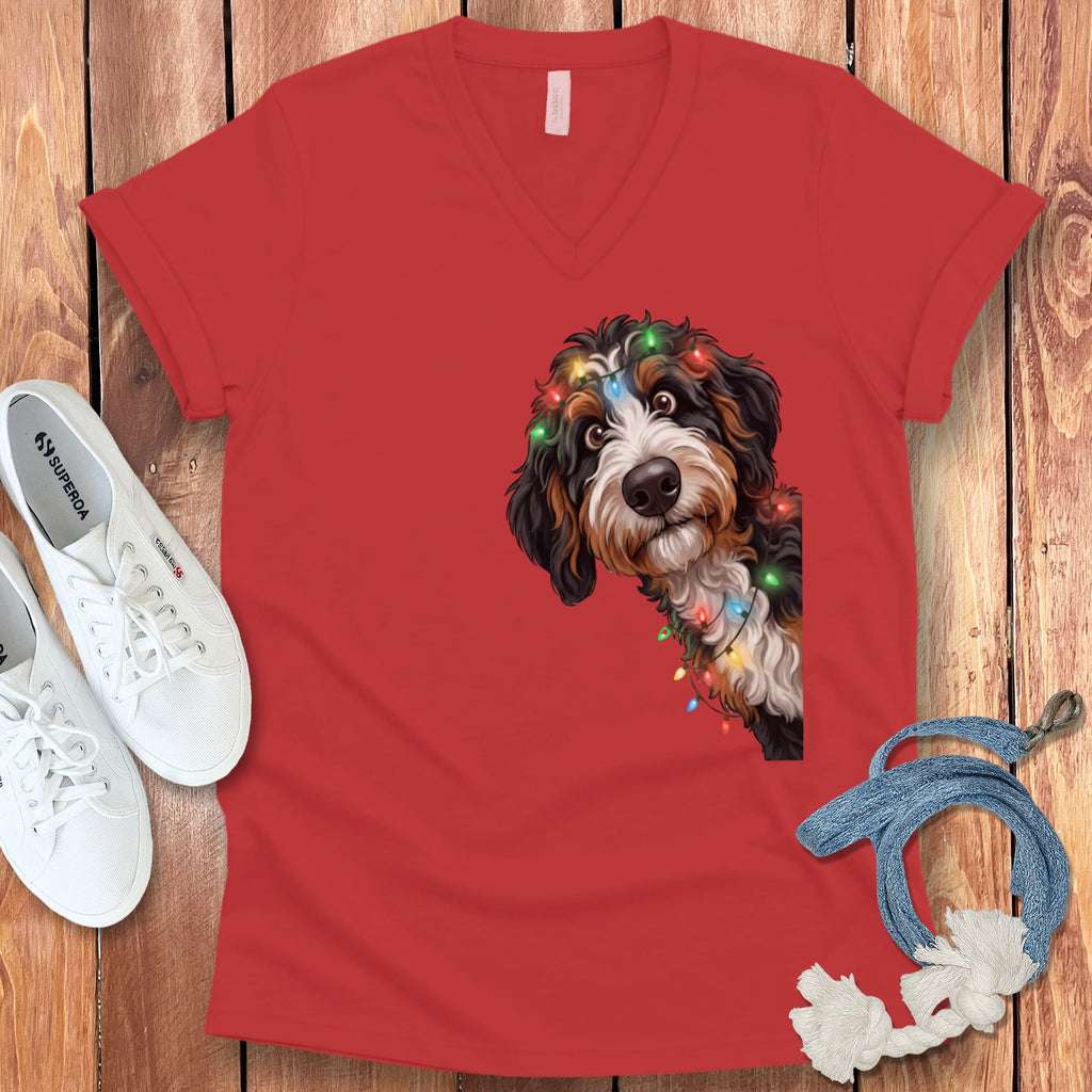 Peeking Bernedoodle Holiday V-Neck T-Shirt in Red / S by Puppy Jo