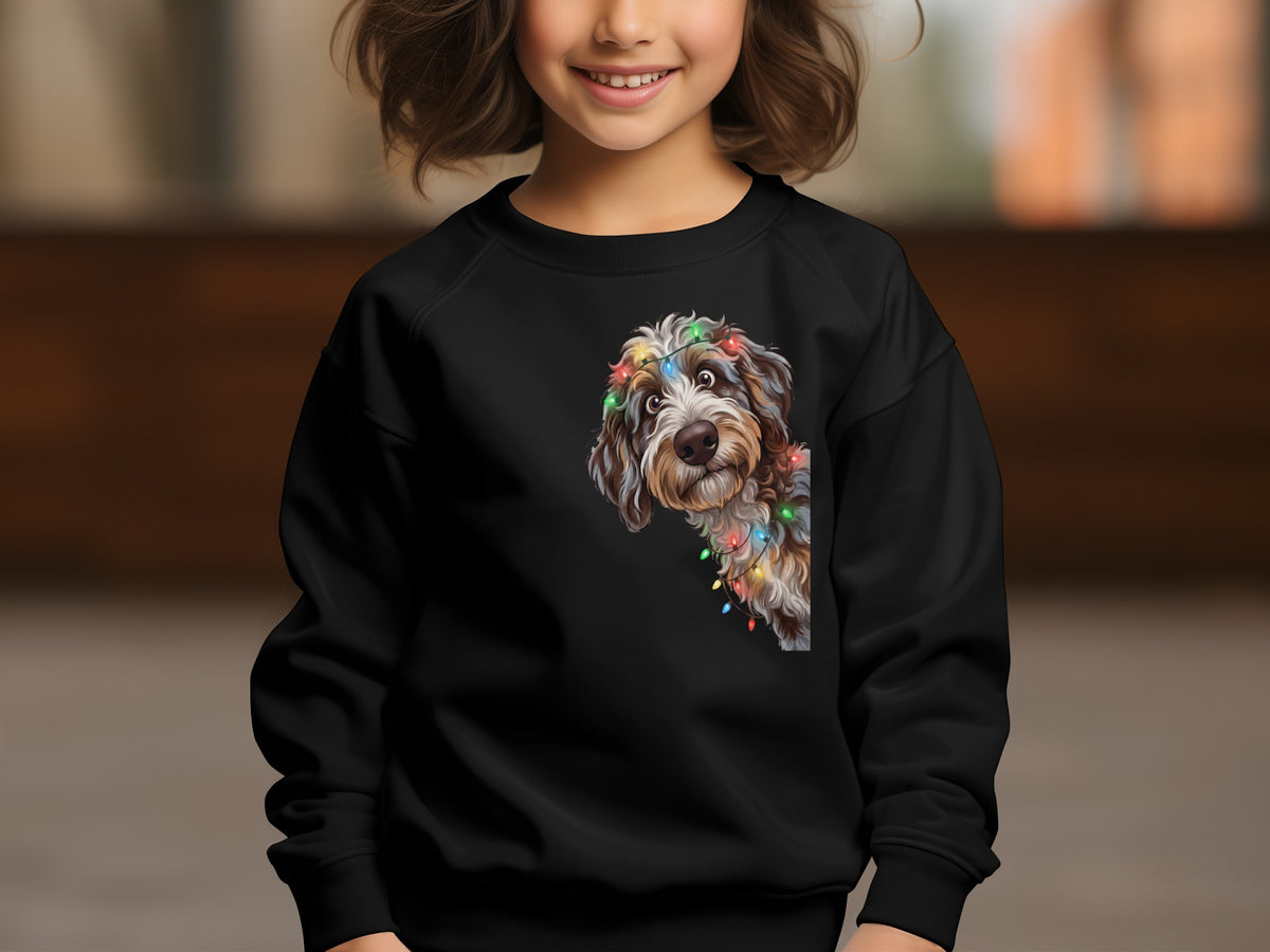 Black sweatshirt with a doodle dog wearing Christmas lights graphic.