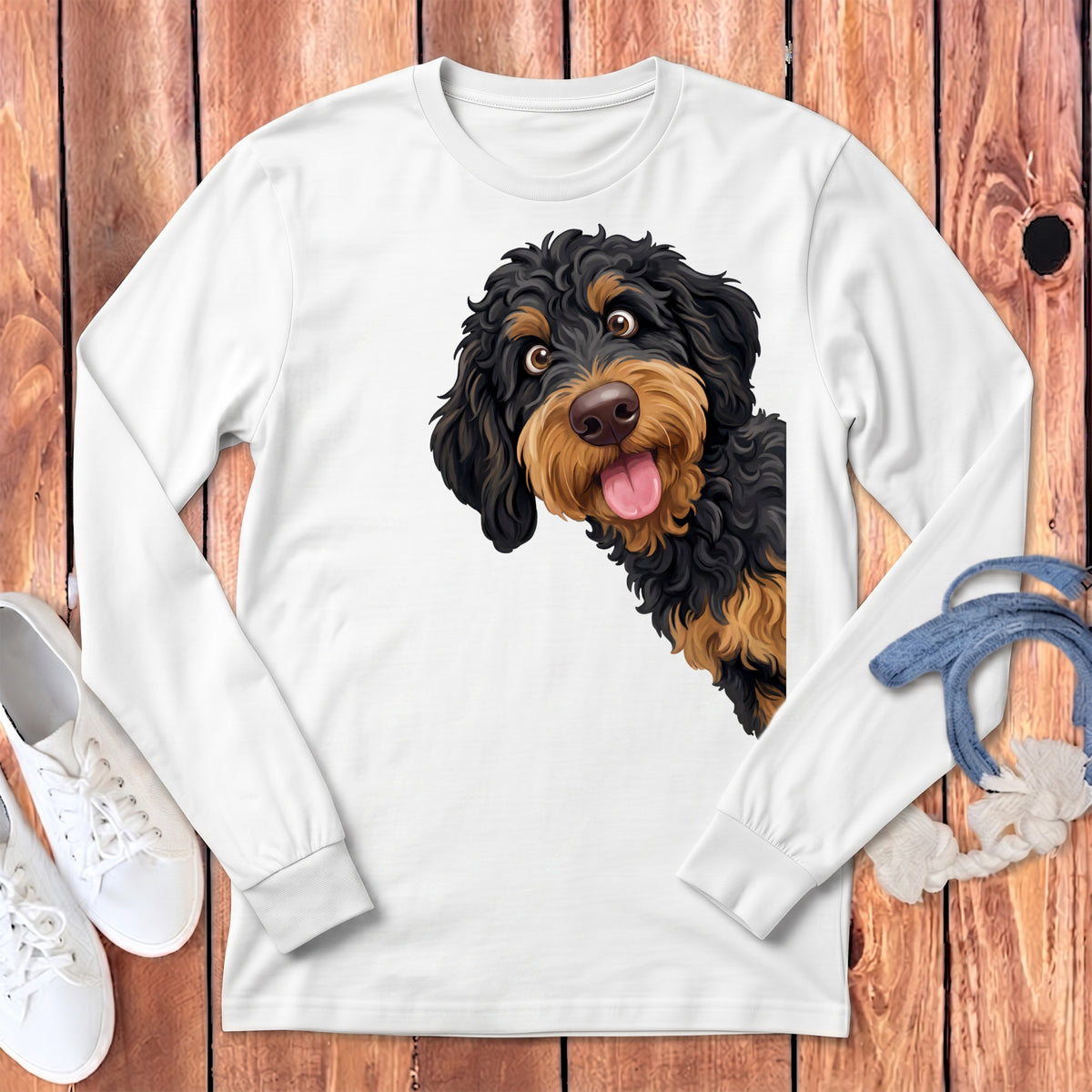 White long-sleeved shirt with a doodle dog graphic and white sneakers.