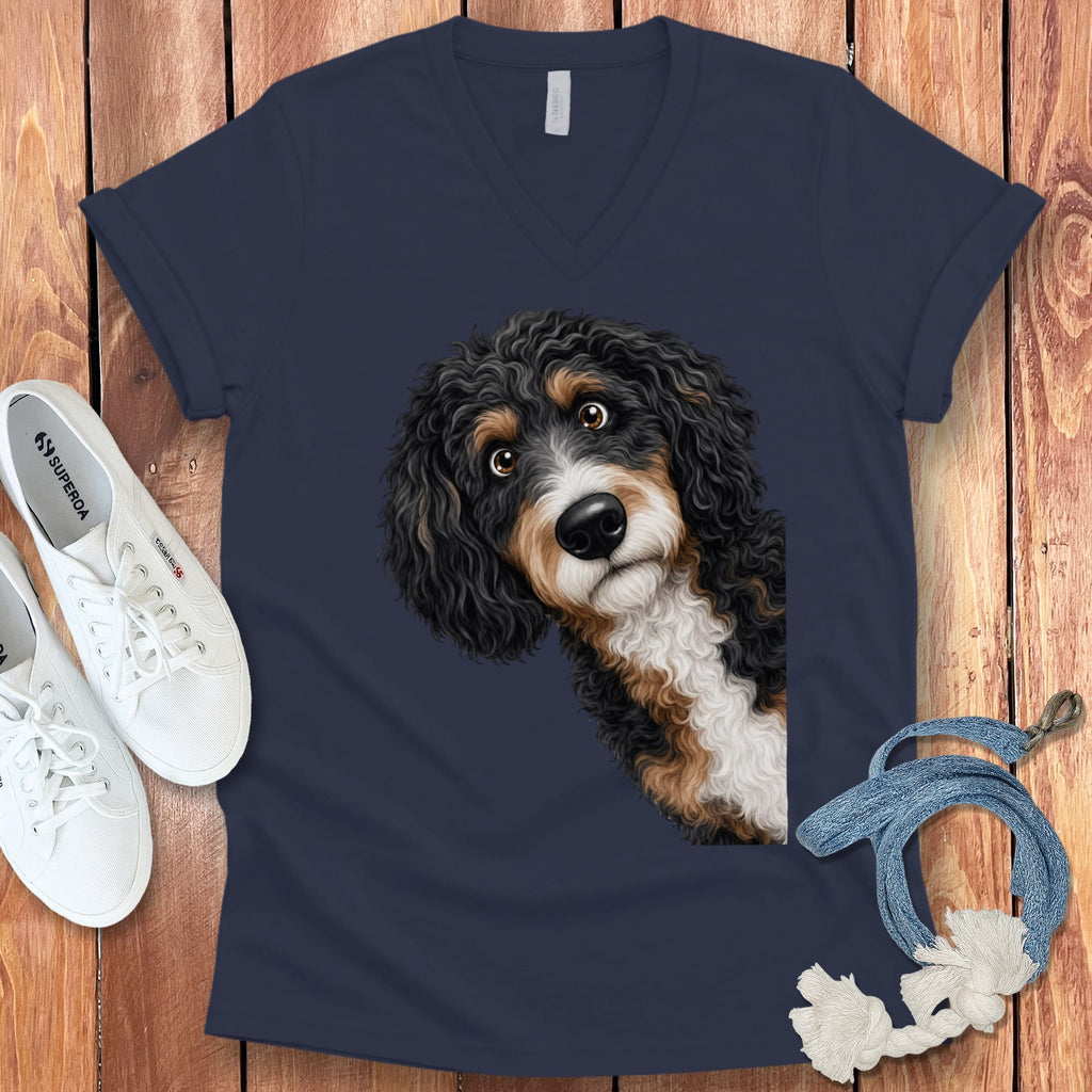 Funny Peeking Bernedoodle V-Neck T-Shirt in Navy / S by Puppy Jo