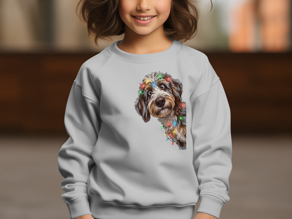 Light gray sweatshirt with a doodle dog peeking from the side, wearing colorful Christmas lights.