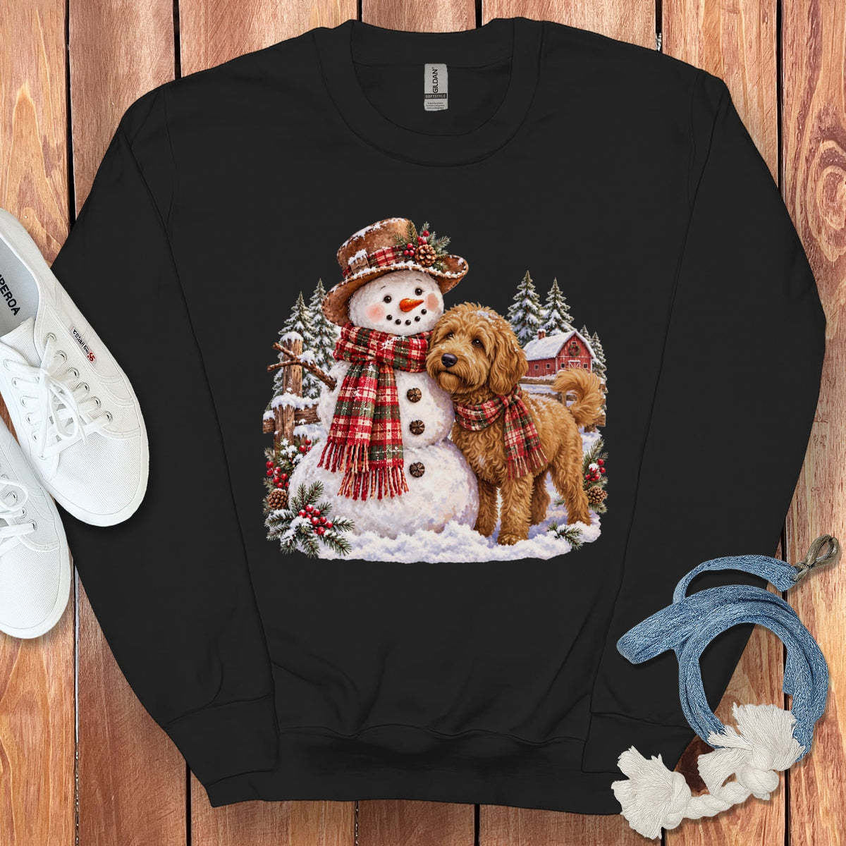 Apricot Goldendoodle Christmas Snowman Sweatshirt in Black / S by Puppy Jo