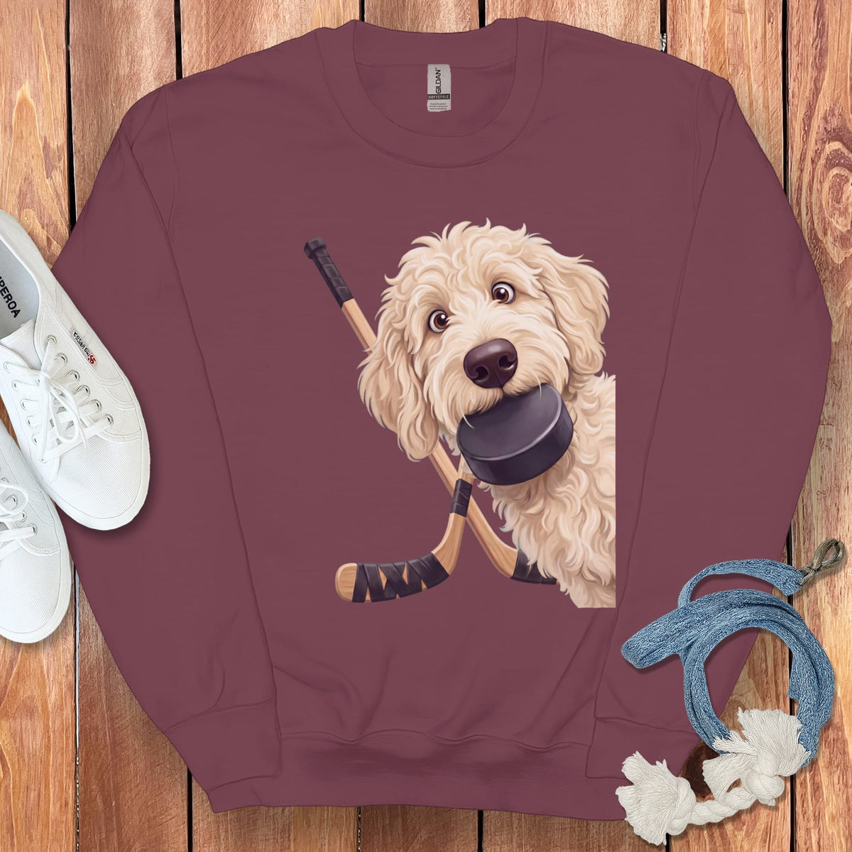 Cream Goldendoodle Hockey Sweatshirt in Maroon / S by Puppy Jo