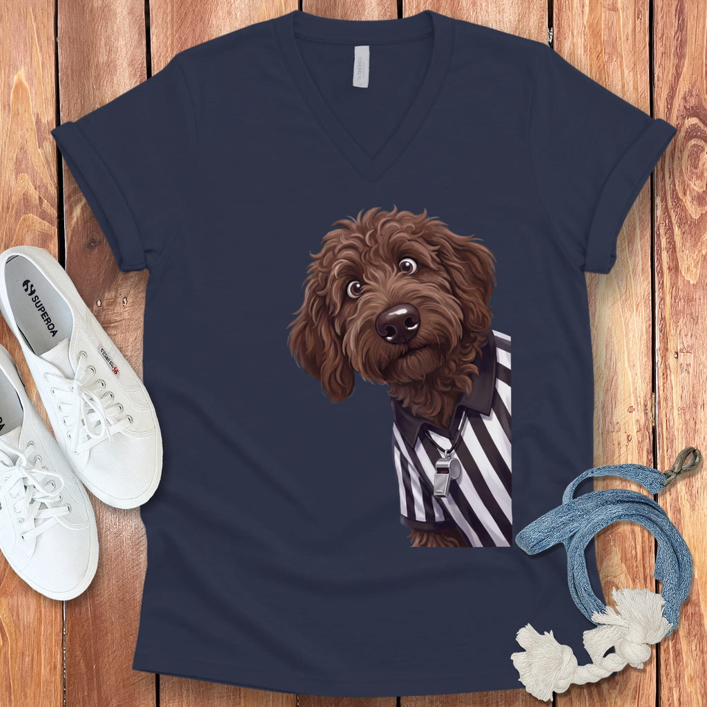 Chocolate Goldendoodle Football Referee V-Neck T-Shirt in Navy / S by Puppy Jo