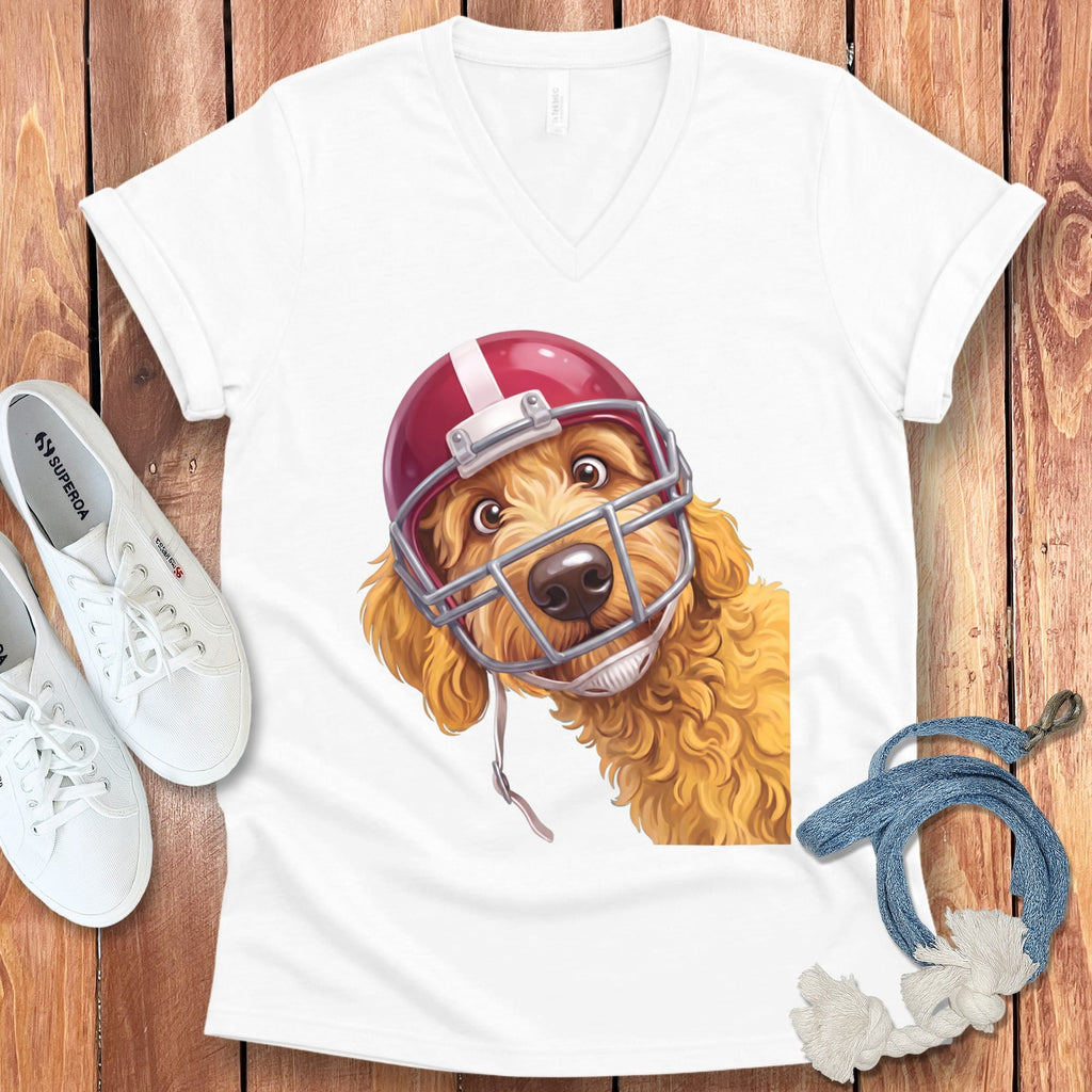 Golden Goldendoodle Football Helmet V-Neck T-Shirt in White / S by Puppy Jo