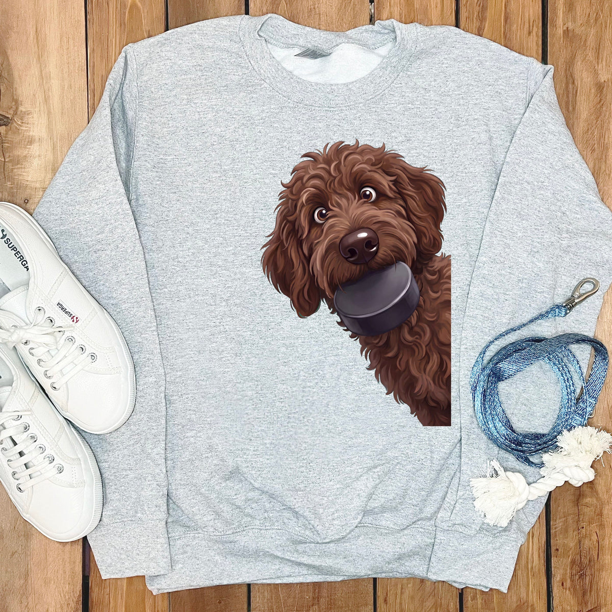 Chocolate Goldendoodle Hockey Puck Sweatshirt in Sport Grey / S by Puppy Jo