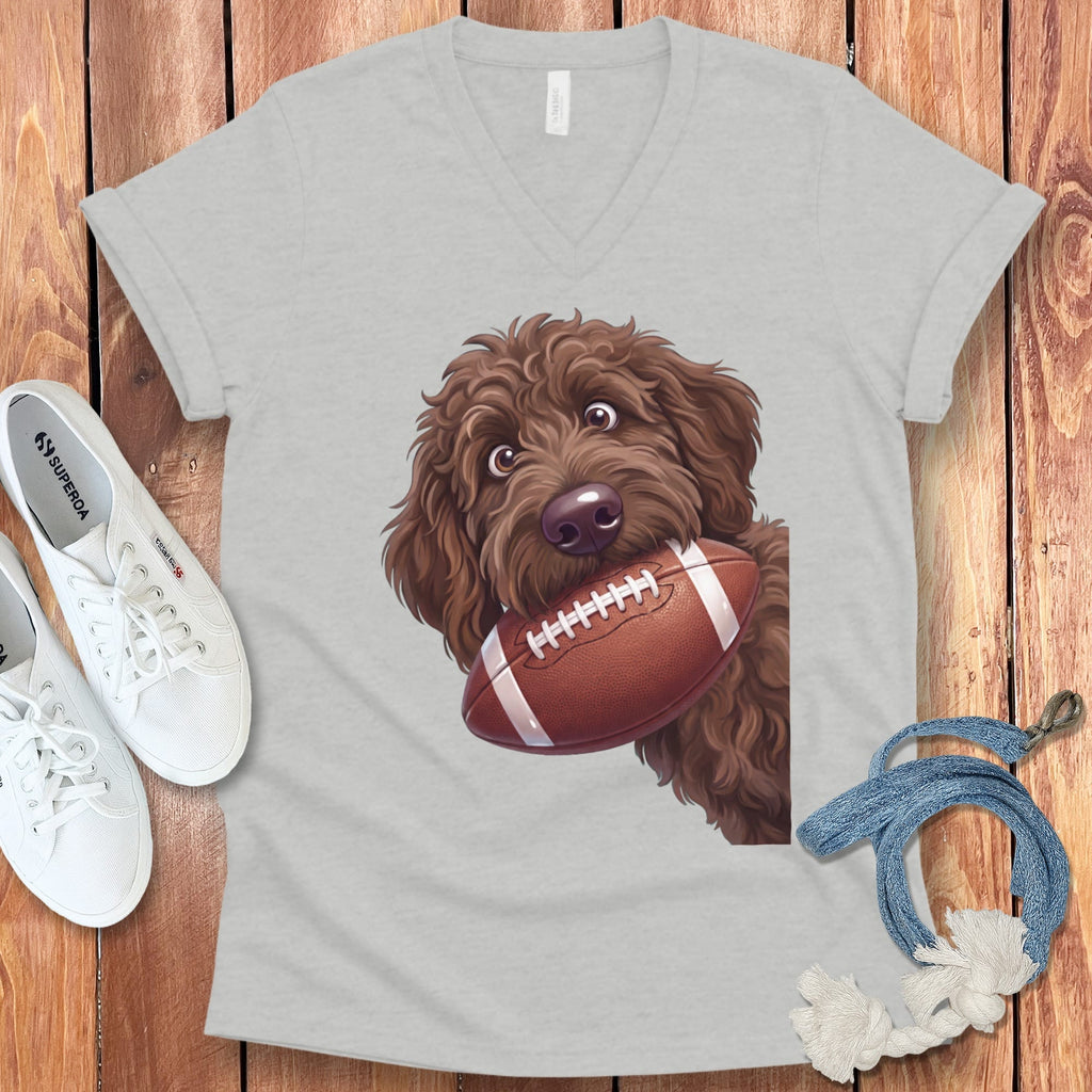 Chocolate Goldendoodle Football V-Neck T-Shirt in Athletic Heather / S by Puppy Jo