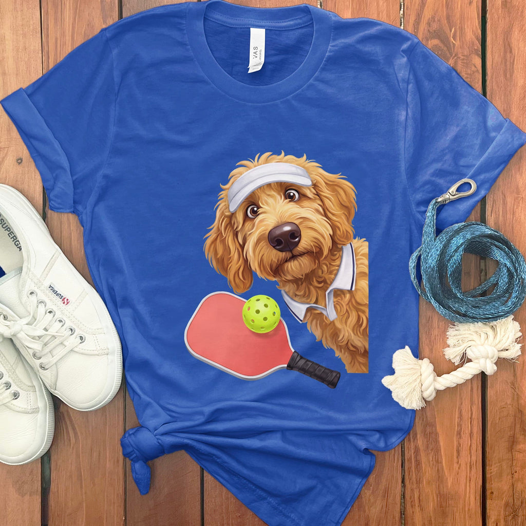 Golden Goldendoodle Pickleball Player T-Shirt in True Royal / S by Puppy Jo