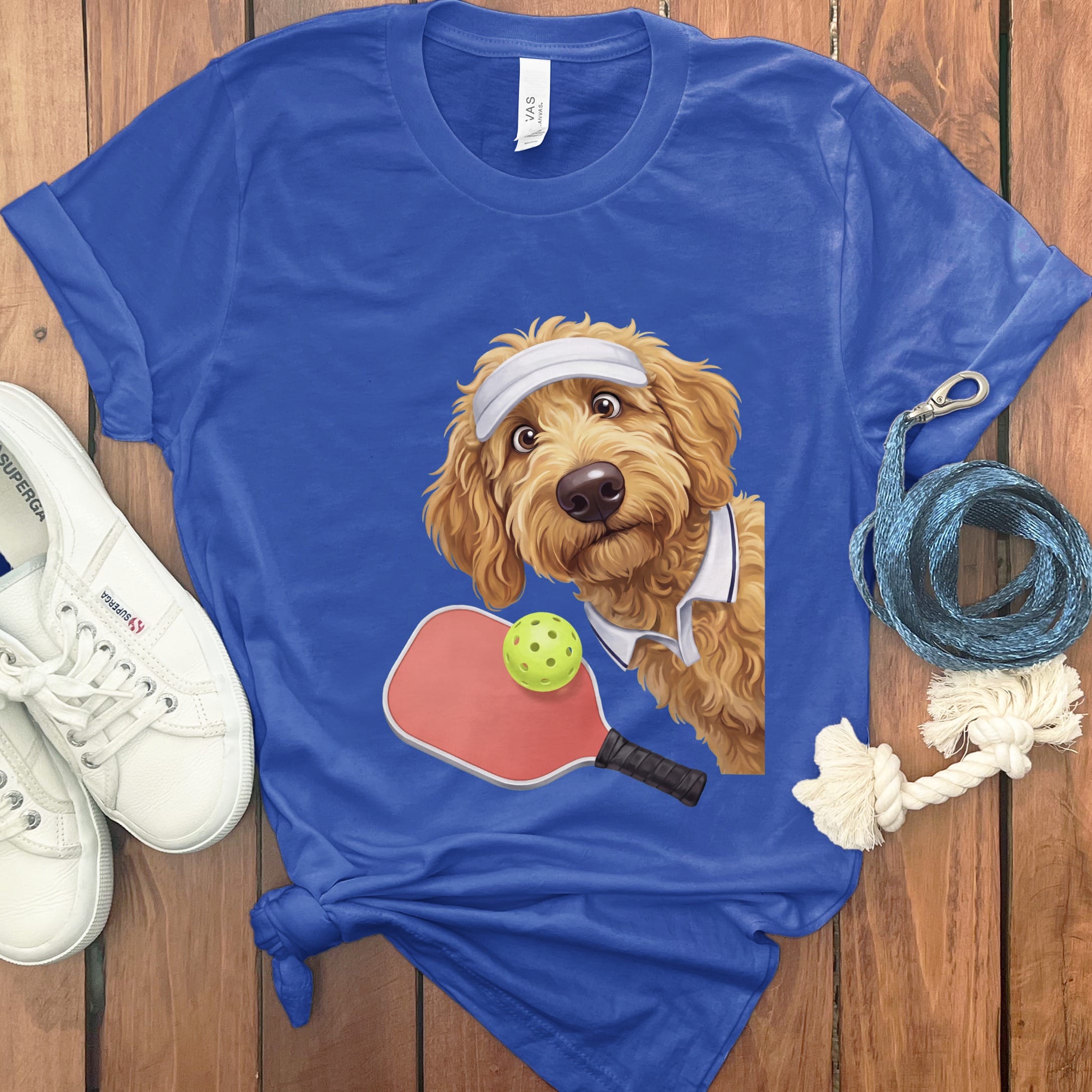 Golden Goldendoodle Pickleball Player T-Shirt in True Royal / S by Puppy Jo
