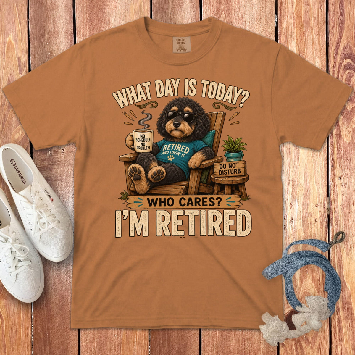 I'm Retired Phantom Goldendoodle Signature T-Shirt in Yam / S by Puppy Jo