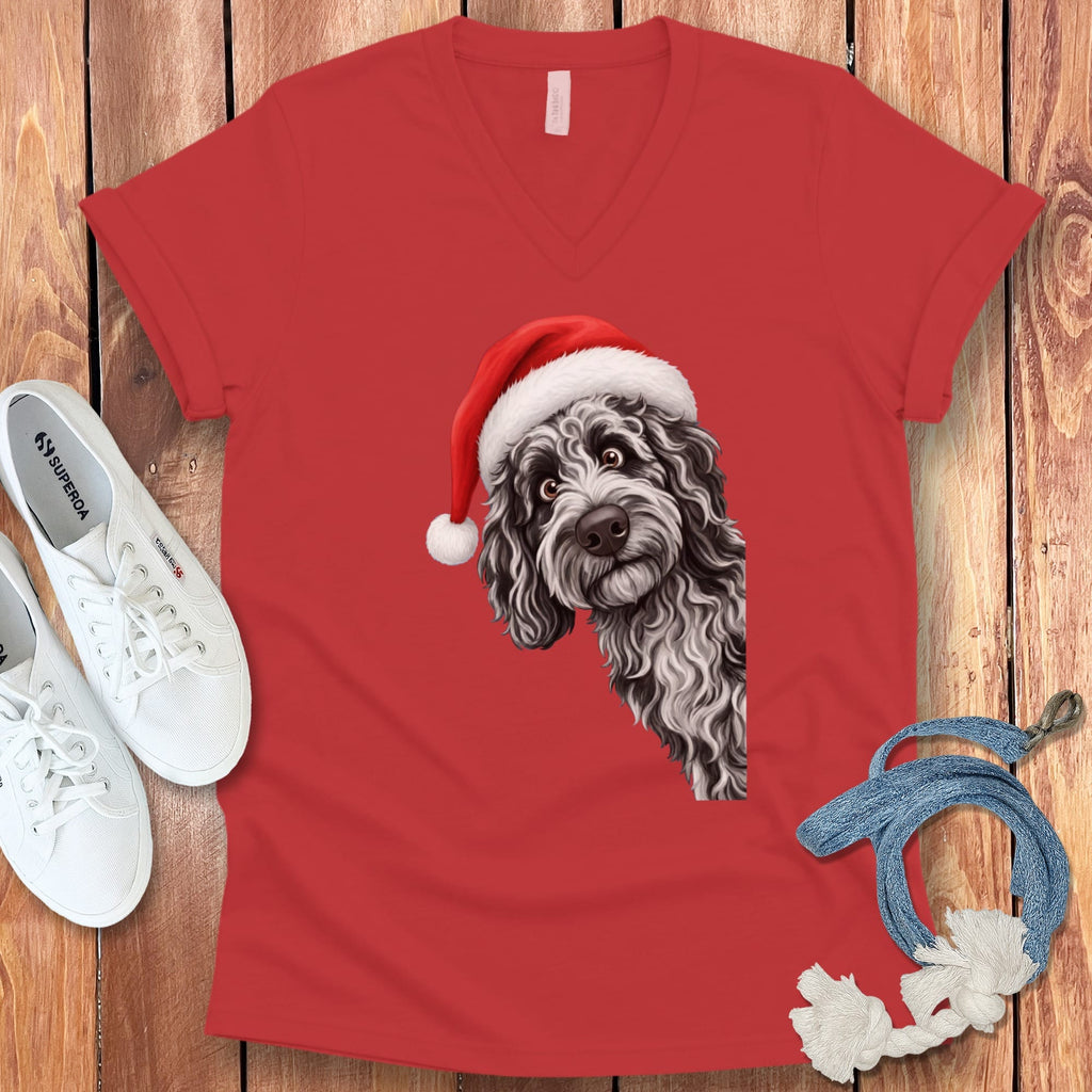 Merle Goldendoodle Holiday Santa V-Neck T-Shirt in Red / S by Puppy Jo