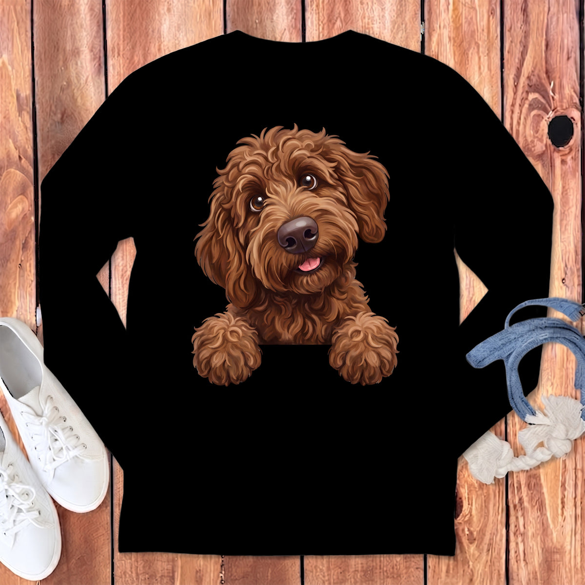 Black long-sleeve shirt with a brown doodle dog graphic on the front.