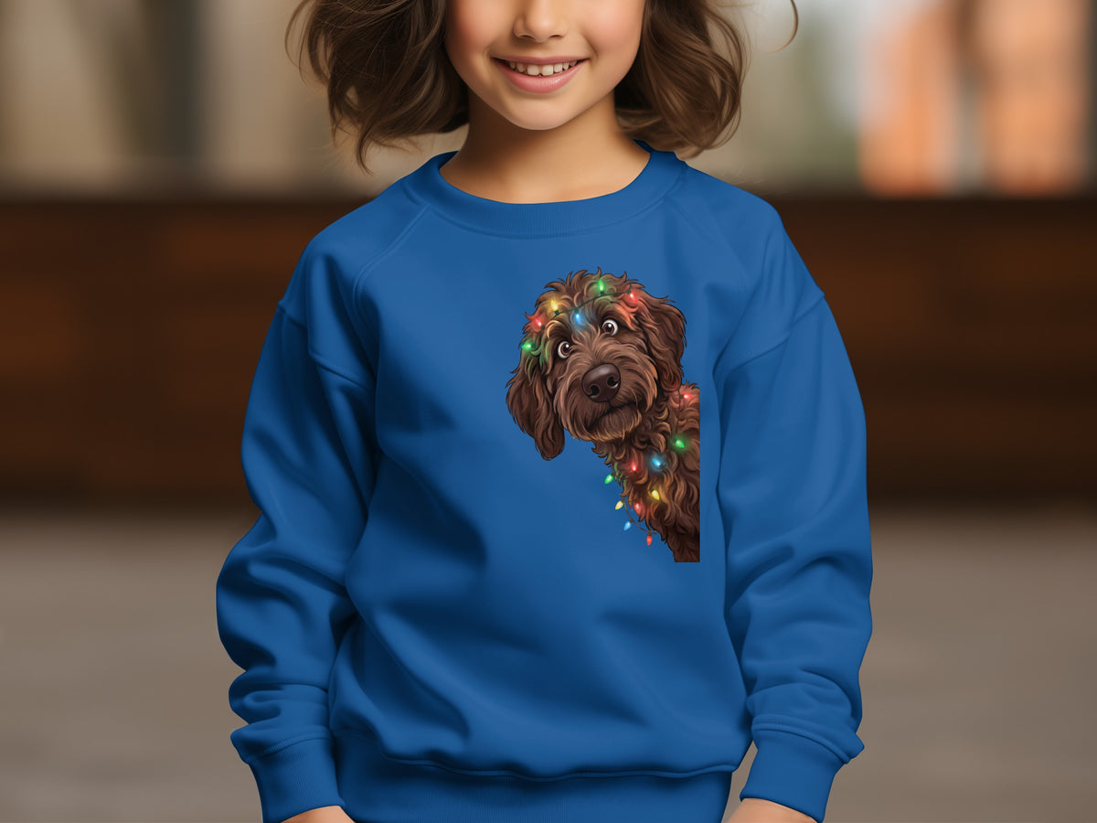 Blue sweatshirt with a brown dog wearing colorful Christmas lights.