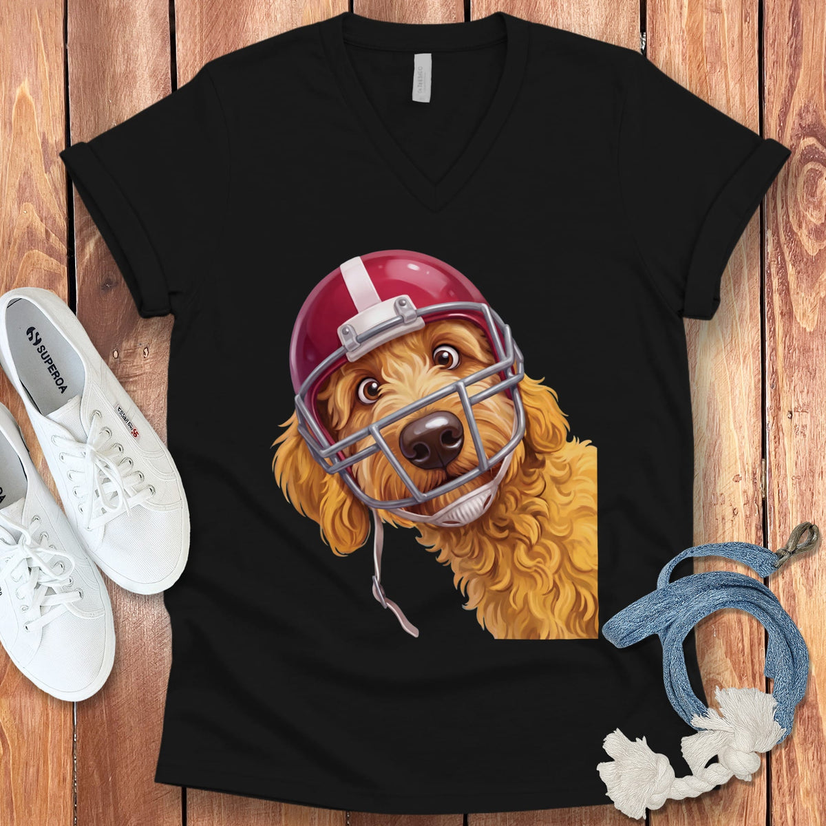 Golden Goldendoodle Football Helmet V-Neck T-Shirt in Black / S by Puppy Jo
