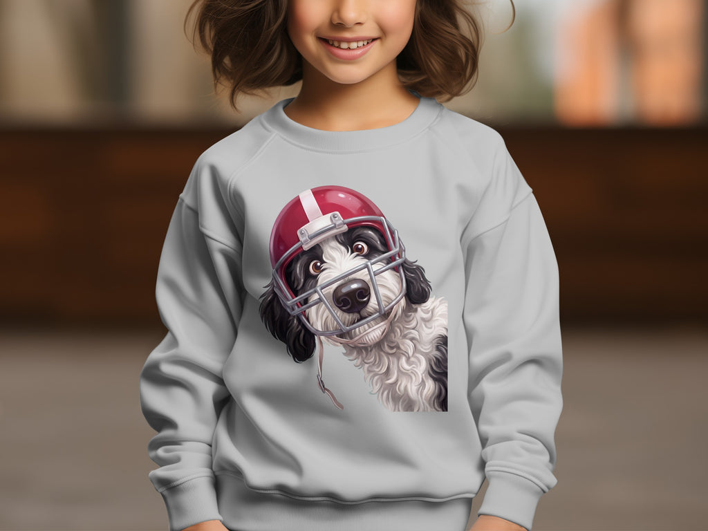 A dog wearing a red and white football helmet peeks out from the crewneck sweatshirt.