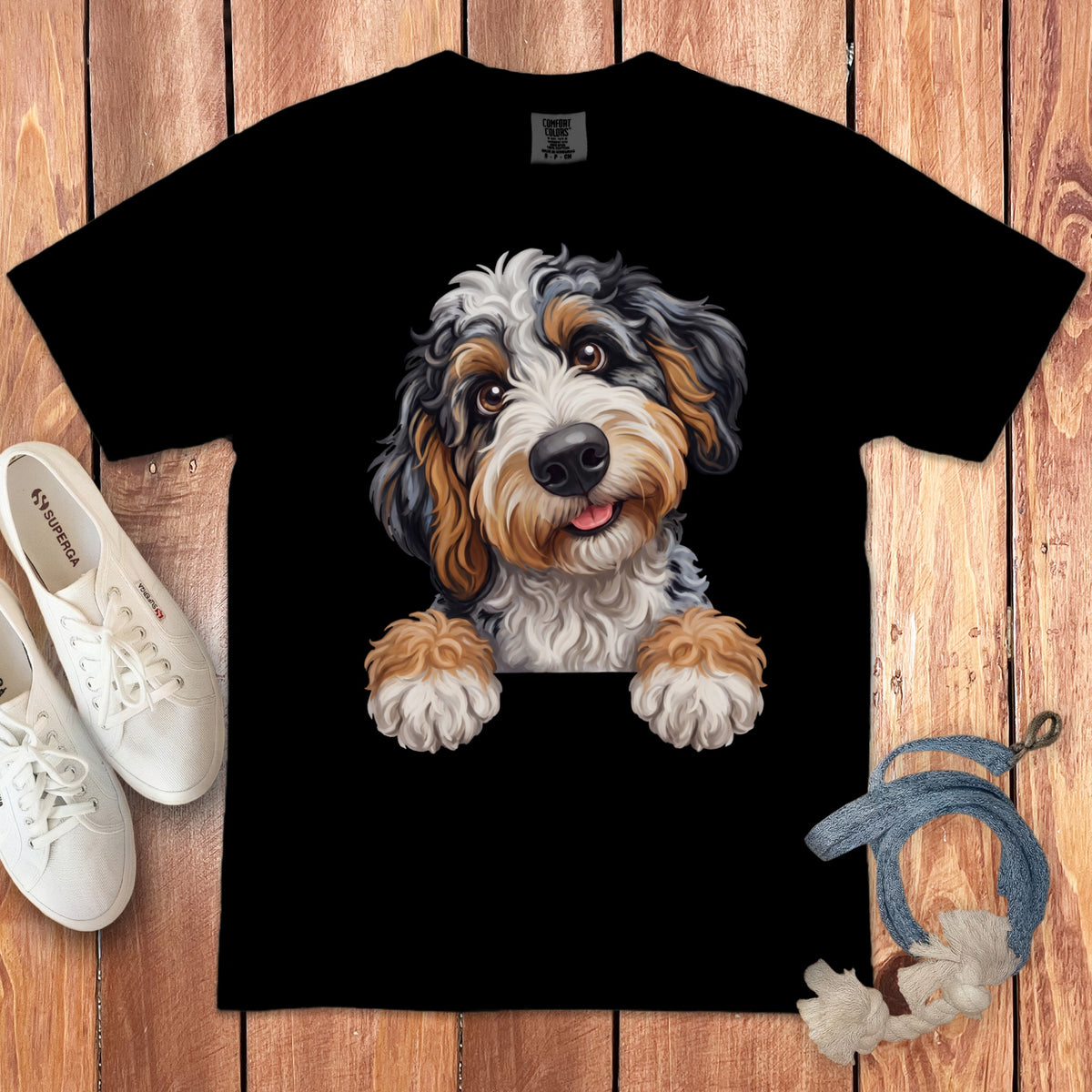 Black t-shirt with a printed Bernese Mountain Dog peeking over the top.