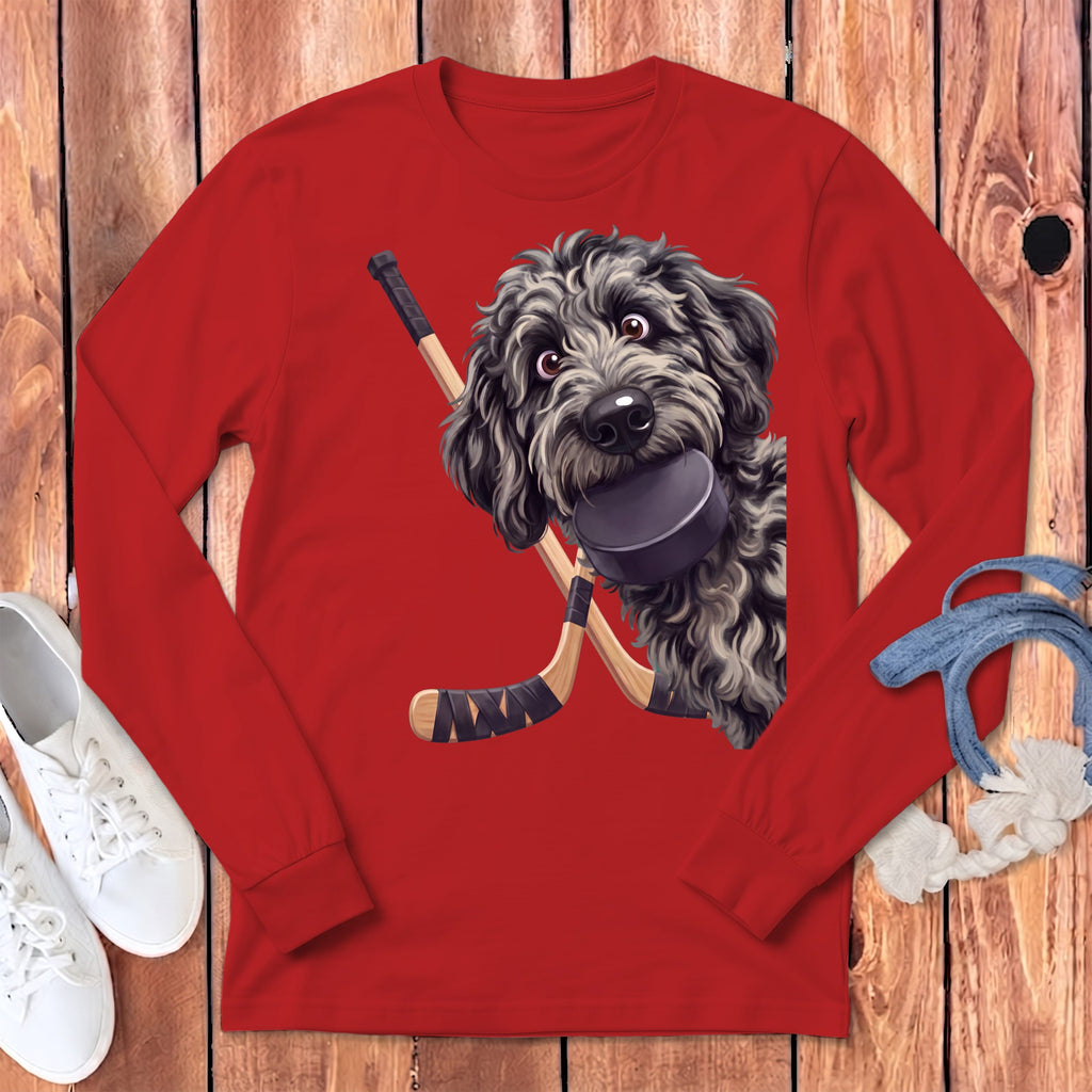 Merle Goldendoodle Hockey Long Sleeve T-Shirt in Red / S by Puppy Jo