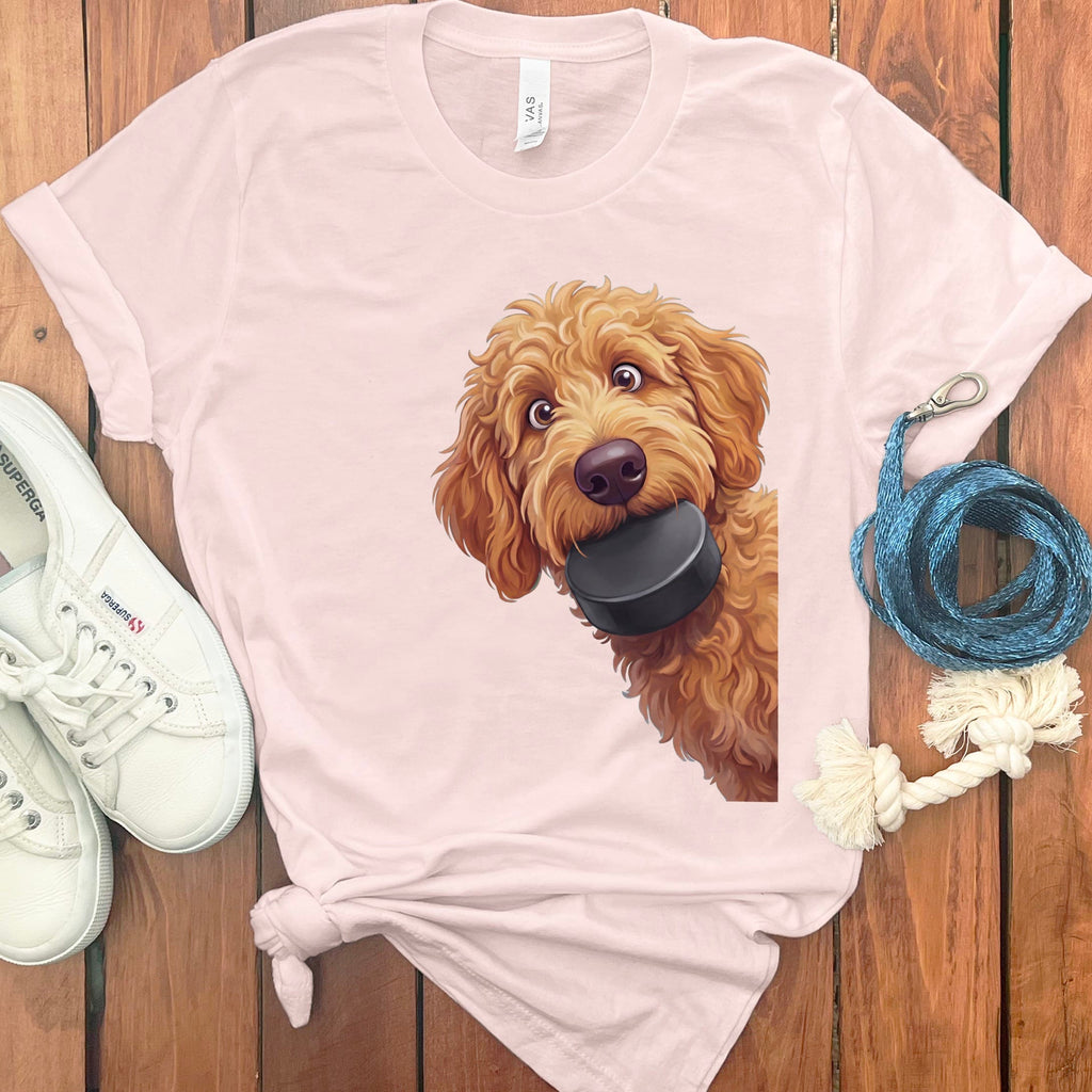 Apricot Goldendoodle Hockey Puck T-Shirt in Soft Pink / S by Puppy Jo