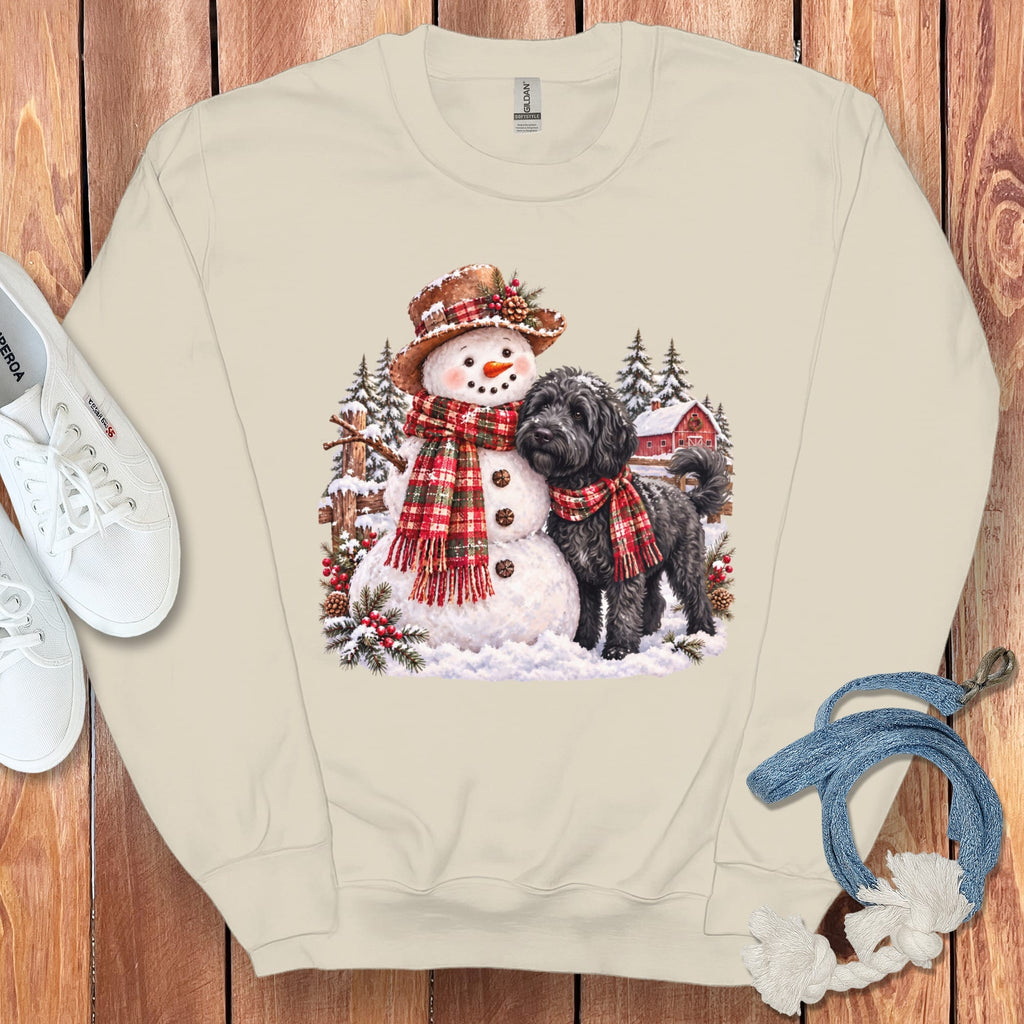 Black Goldendoodle Christmas Snowman Sweatshirt in Sand / S by Puppy Jo