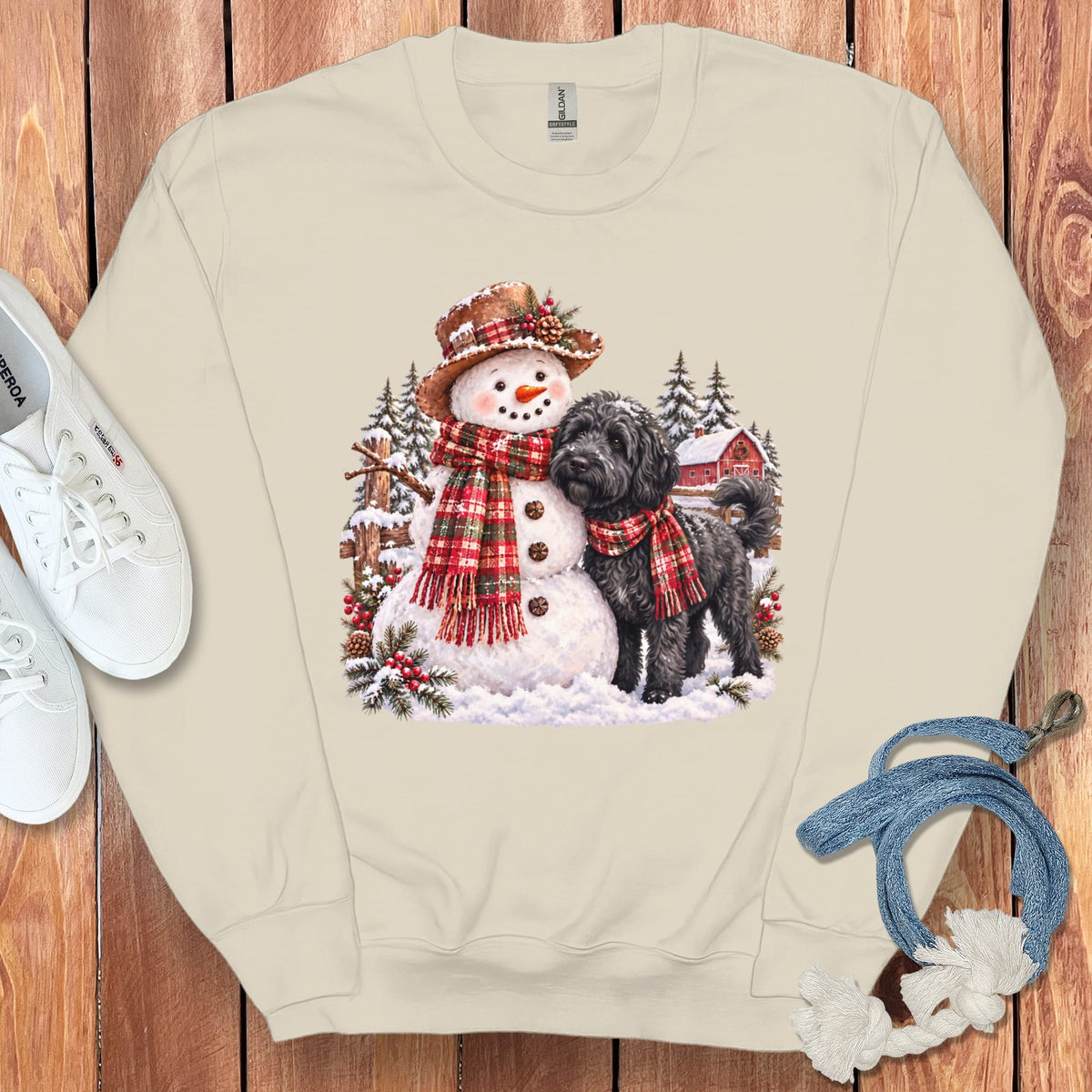 Black Goldendoodle Christmas Snowman Sweatshirt in Sand / S by Puppy Jo