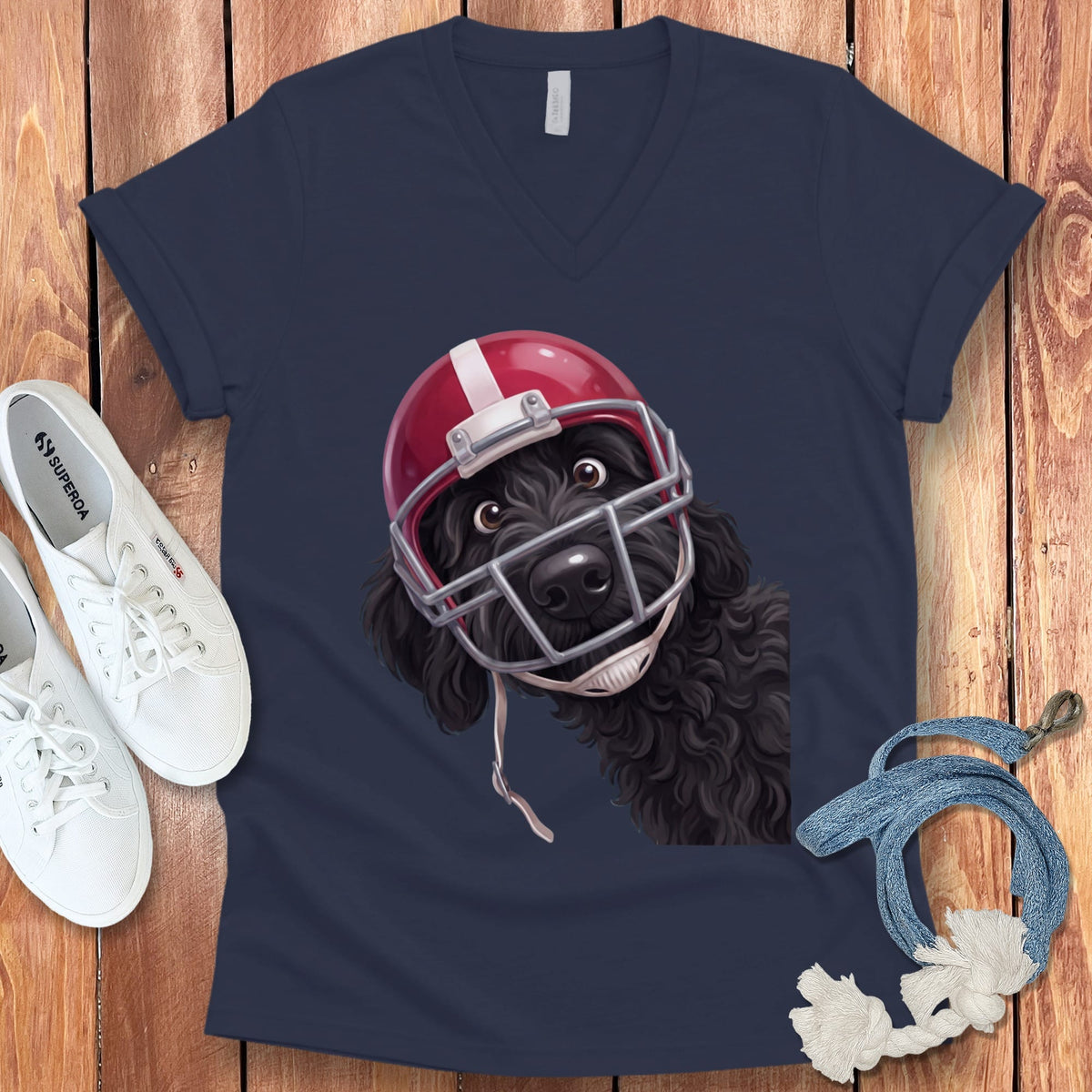 Black Goldendoodle Football Helmet V-Neck T-Shirt in Navy / S by Puppy Jo