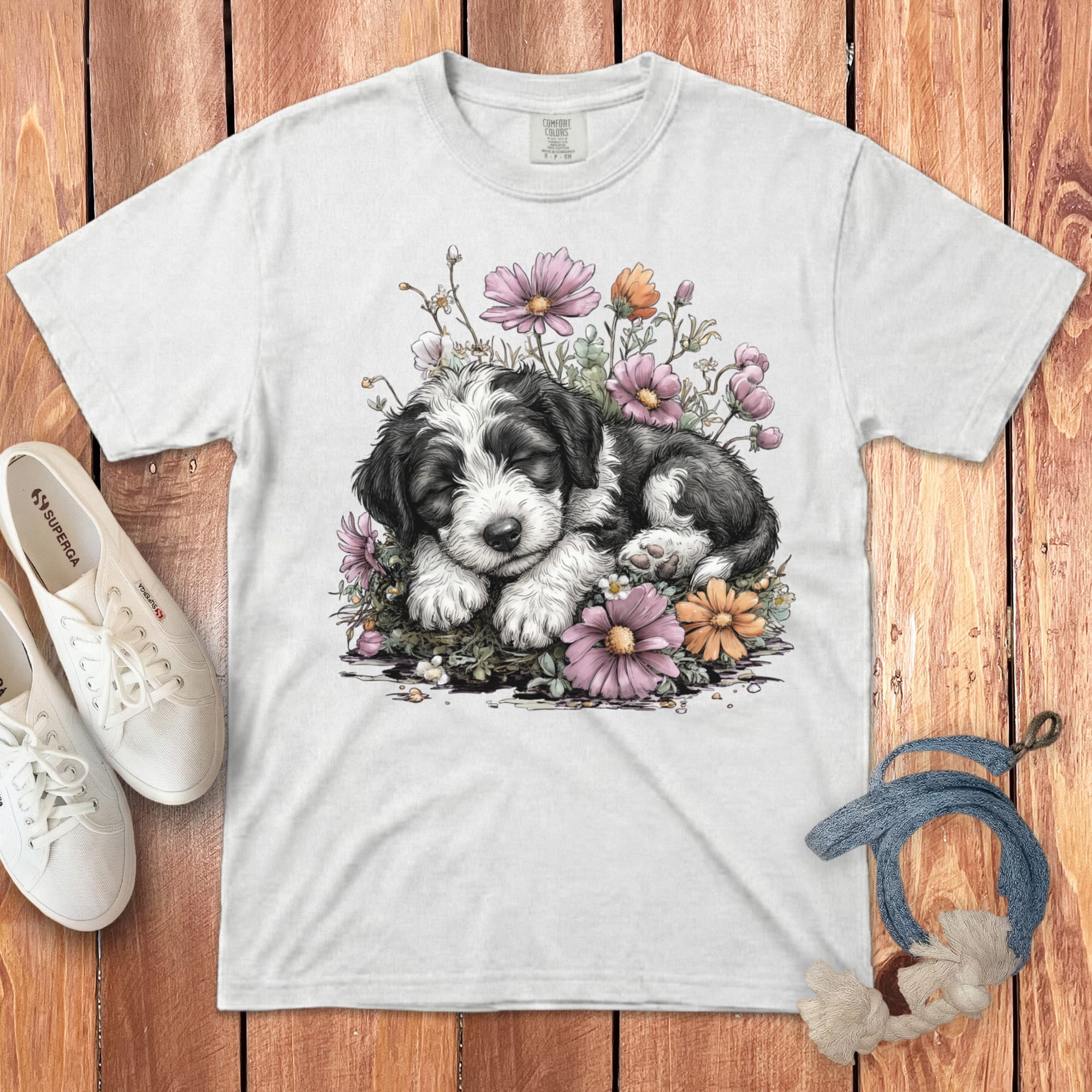 White t-shirt featuring a sleeping puppy surrounded by flowers.