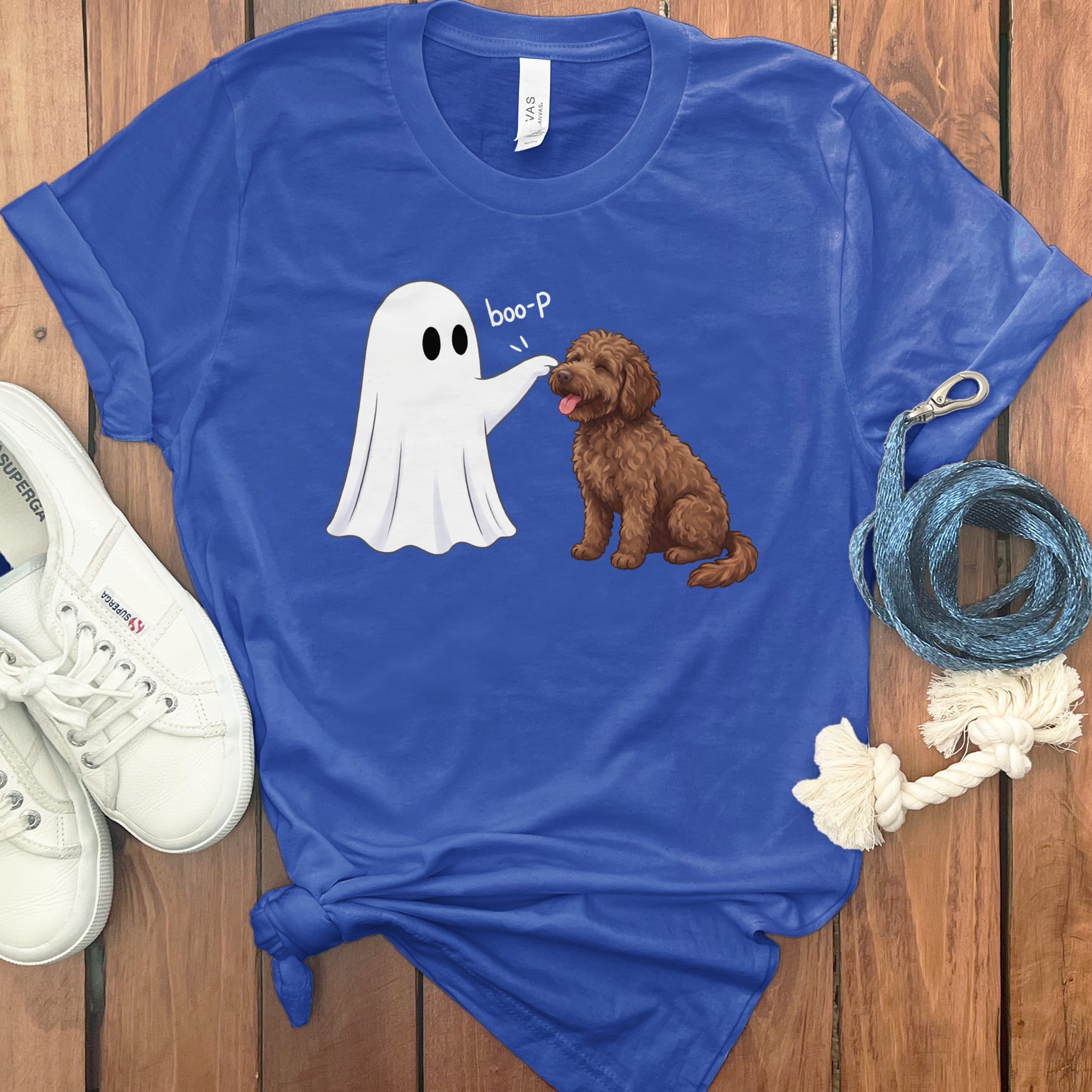 Chocolate Goldendoodle Ghost Boop T-Shirt in S / True Royal by Puppy Jo