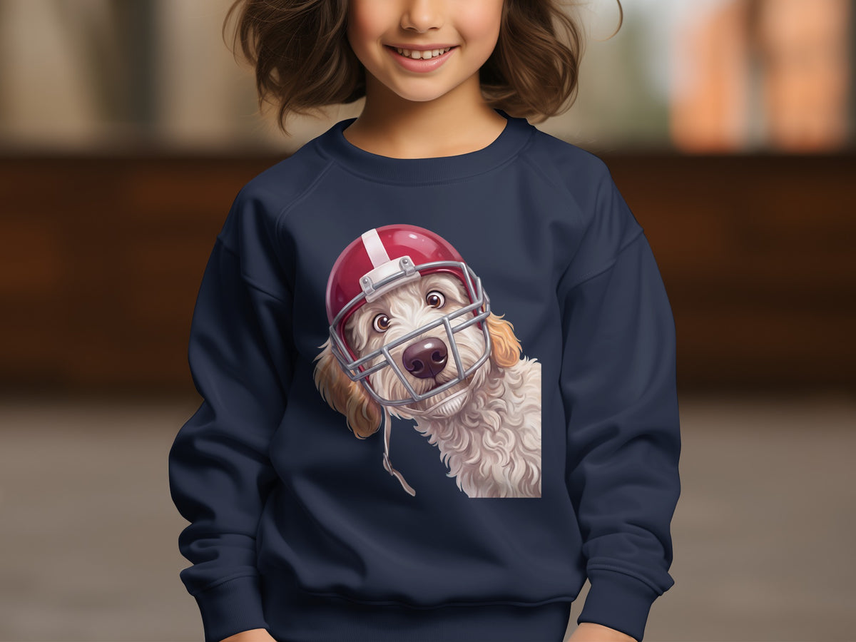 Navy sweatshirt with a white poodle wearing a red football helmet graphic.