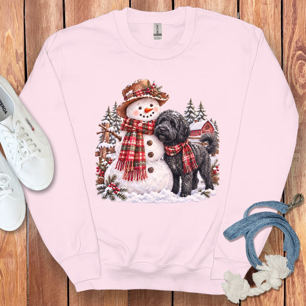 Black Goldendoodle Christmas Snowman Sweatshirt in Light Pink / S by Puppy Jo
