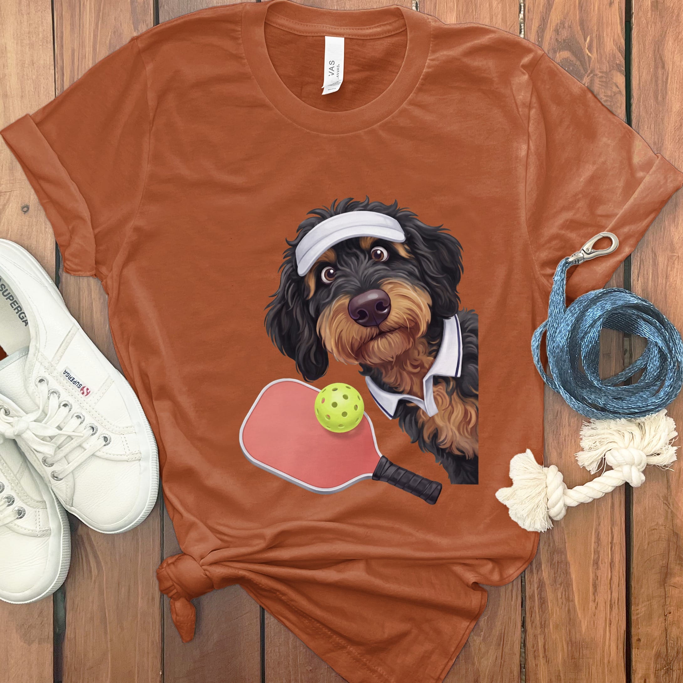 Phantom Goldendoodle Pickleball Player T-Shirt in Autumn / S by Puppy Jo