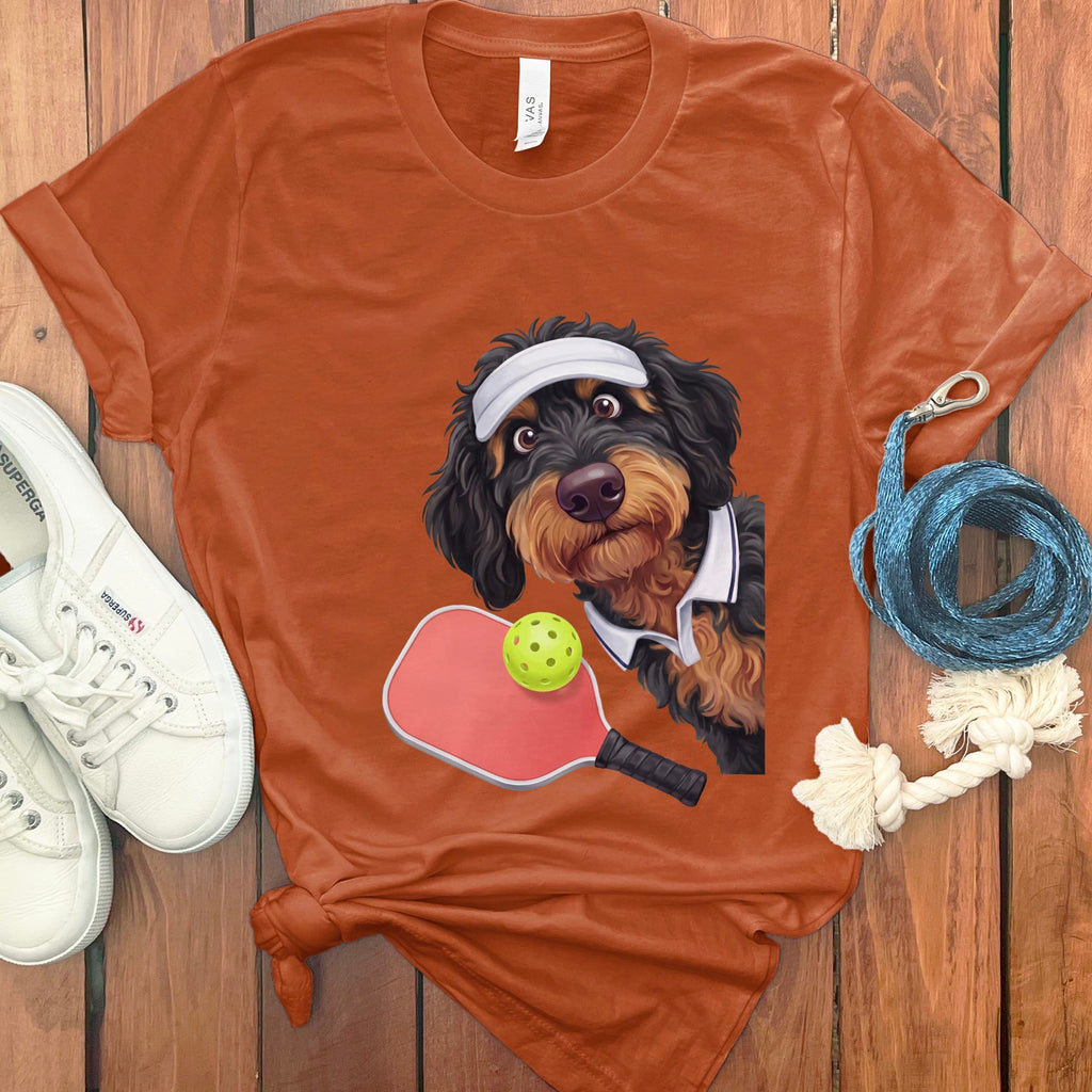 Phantom Goldendoodle Pickleball Player T-Shirt in Autumn / S by Puppy Jo