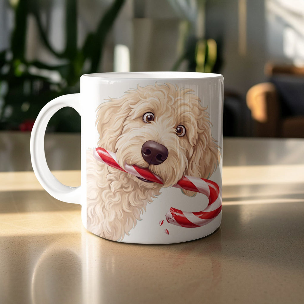Cream Goldendoodle Candy Cane Thief Mug in by Puppy Jo