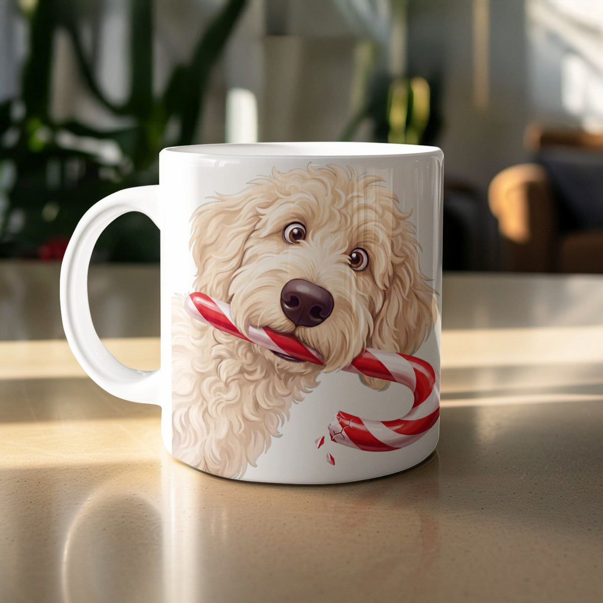 Cream Goldendoodle Candy Cane Thief Mug in by Puppy Jo