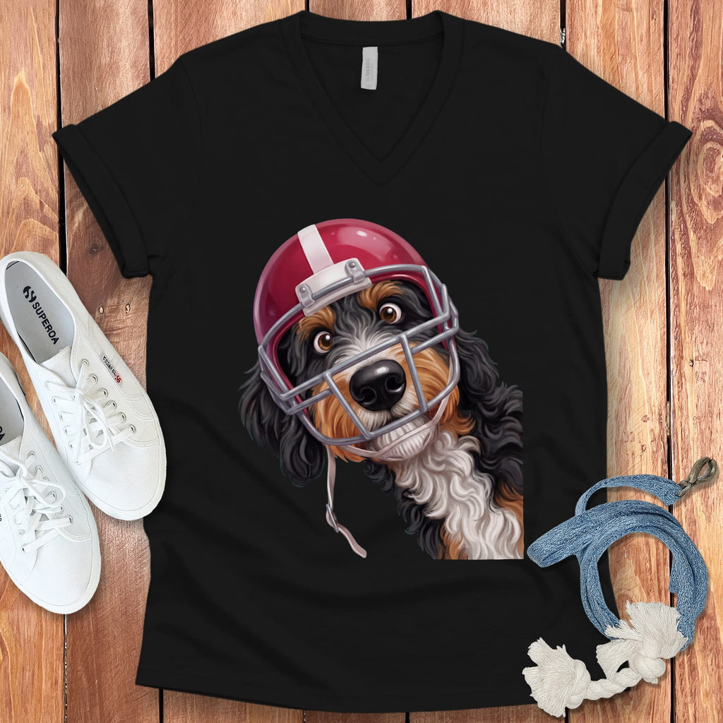 Bernedoodle Football Helmet V-Neck T-Shirt in Black / S by Puppy Jo