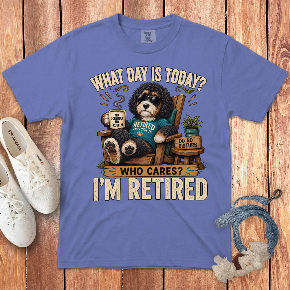 I'm Retired Bernedoodle Signature T-Shirt in Flo Blue / S by Puppy Jo