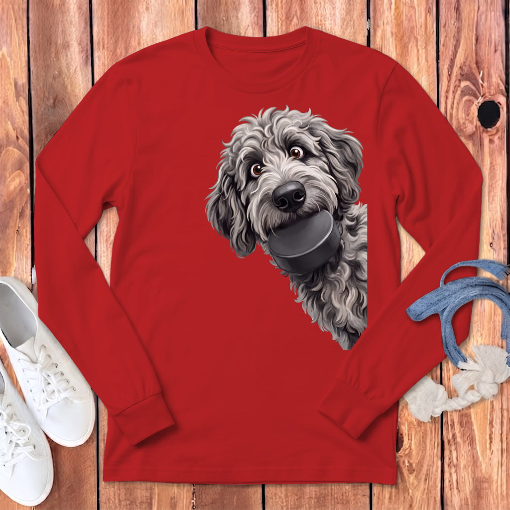 Merle Goldendoodle Hockey Puck Long Sleeve T-Shirt in Red / S by Puppy Jo