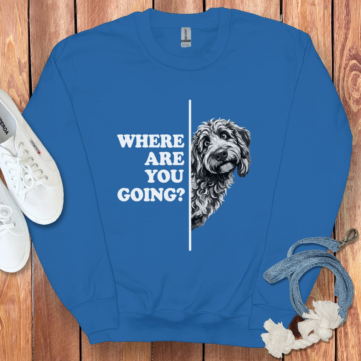 Where Going Merle Goldendoodle Sweatshirt in Royal / S by Puppy Jo