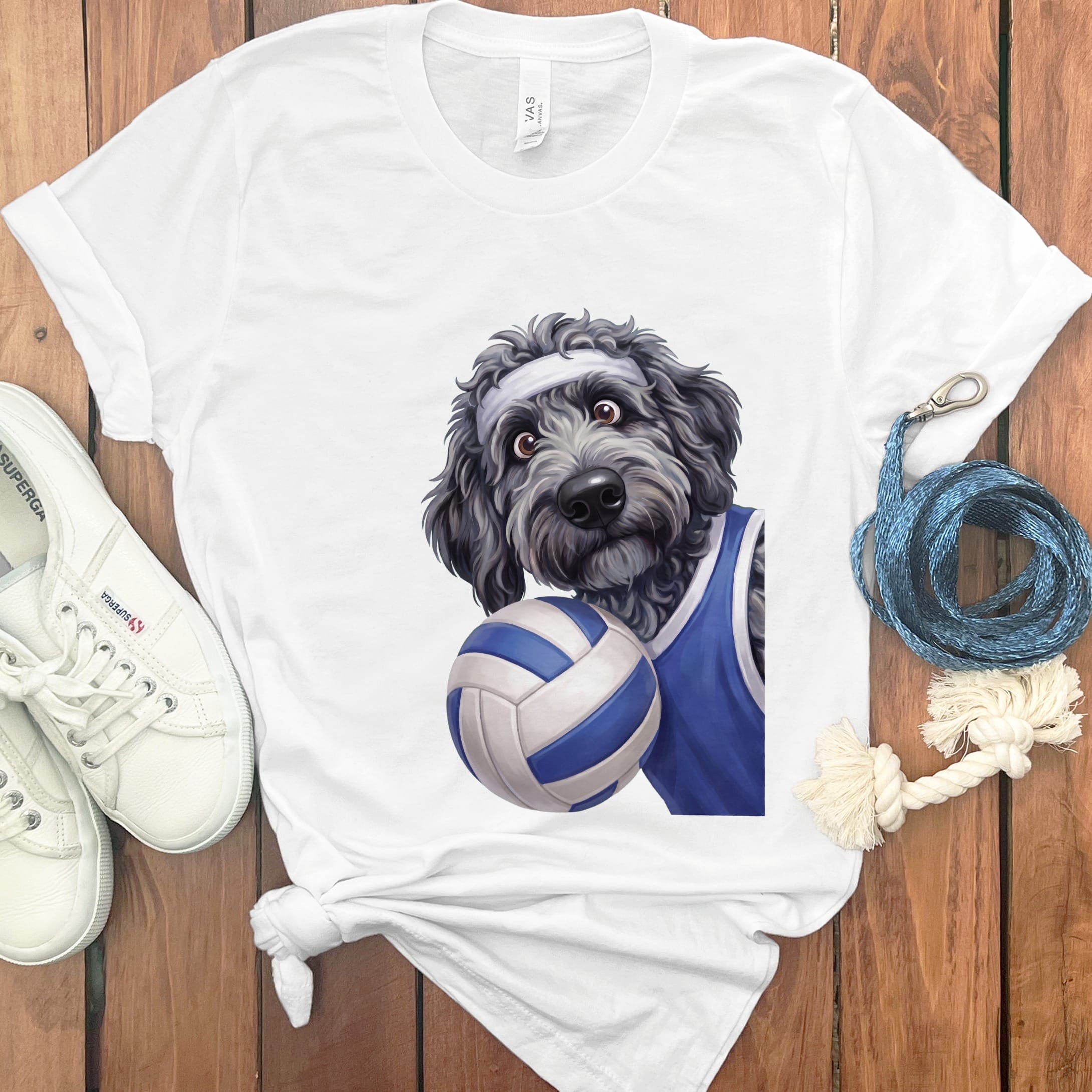 Merle Goldendoodle Volleyball Player T-Shirt in White / S by Puppy Jo