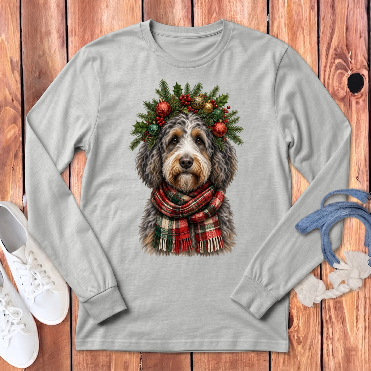Aussiedoodle Holiday Crown Long Sleeve T-Shirt in Athletic Heather / S by MyDesigns