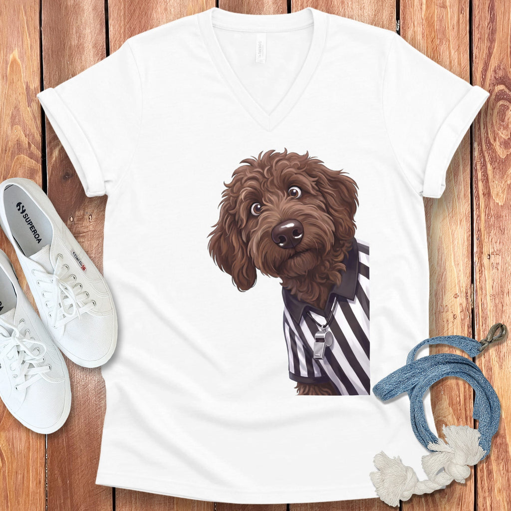 Chocolate Goldendoodle Football Referee V-Neck T-Shirt in White / S by Puppy Jo